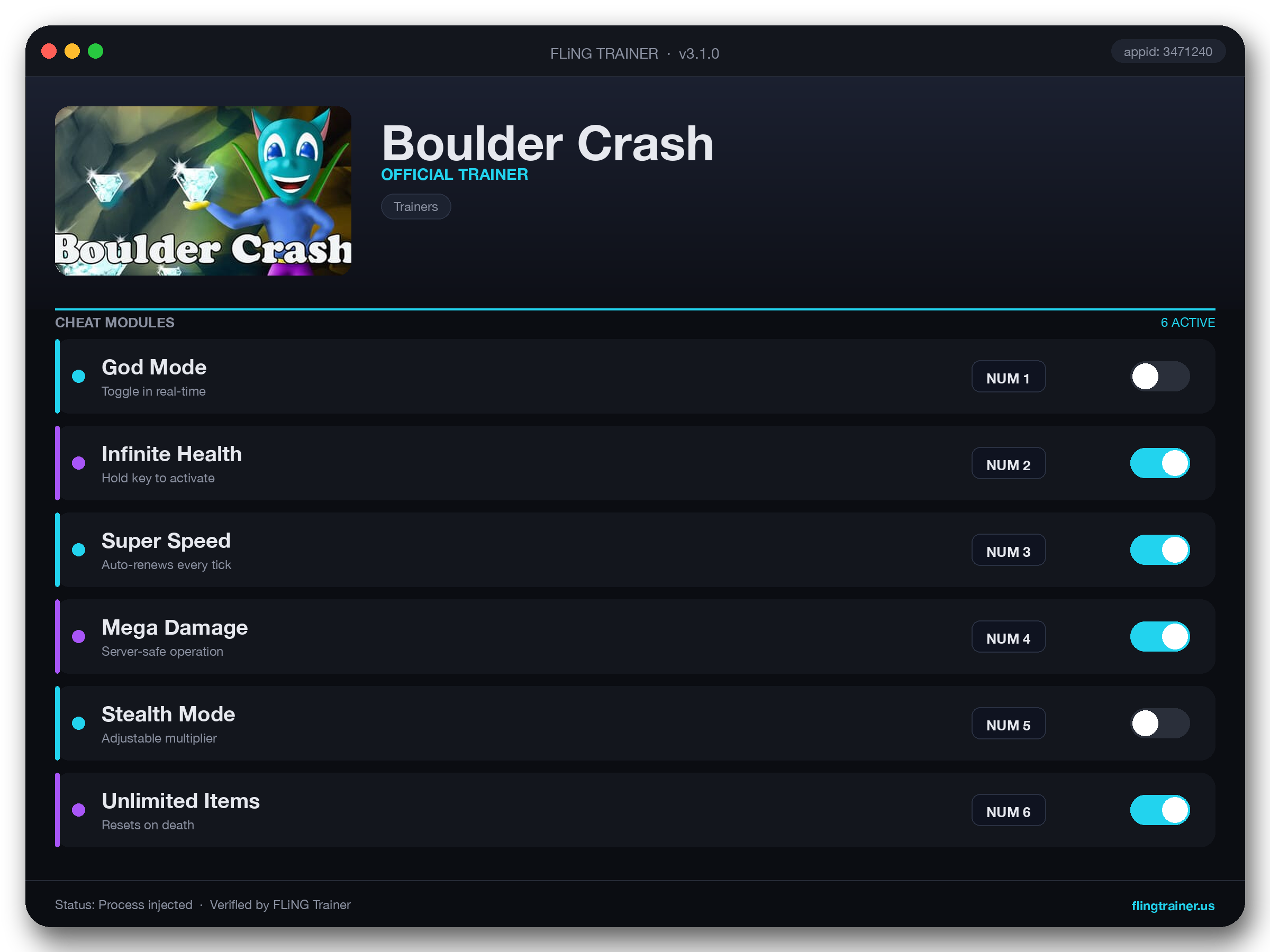 Boulder Crash Trainer interface