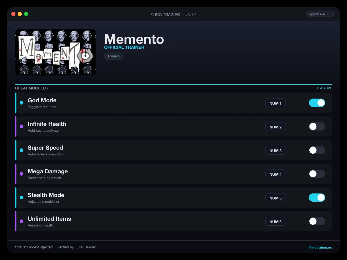 Memento Trainer interface