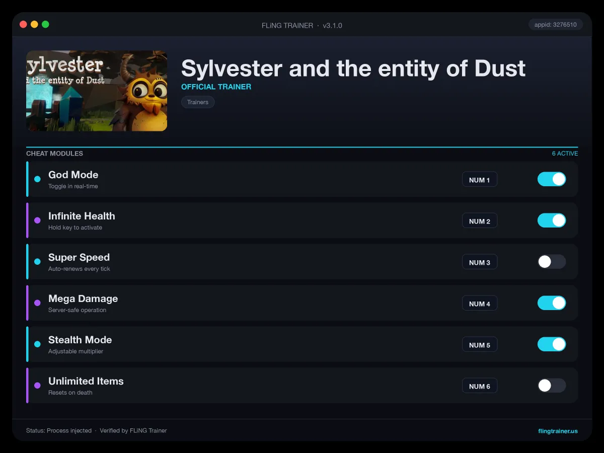 Sylvester and the entity of Dust Trainer interface