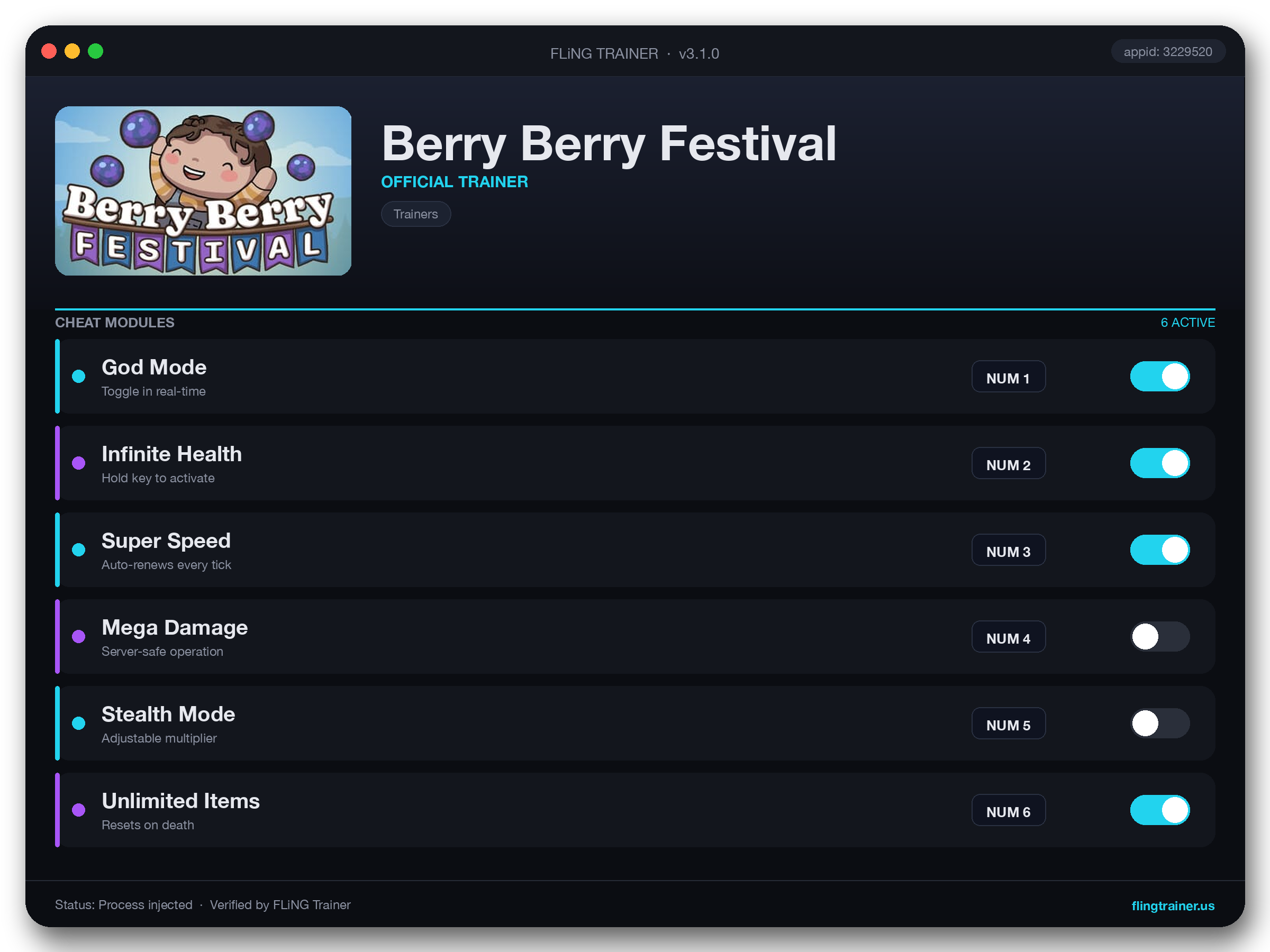 Berry Berry Festival Trainer interface