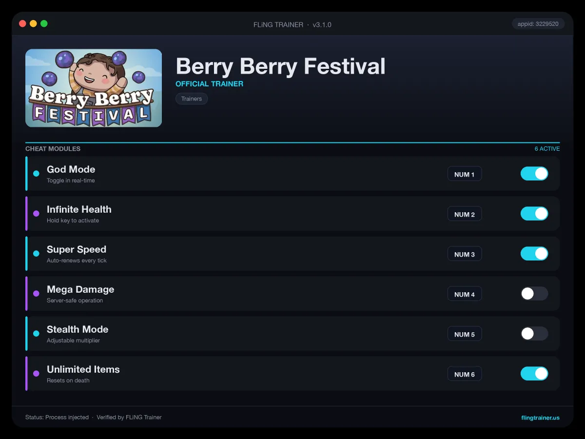 Berry Berry Festival Trainer interface
