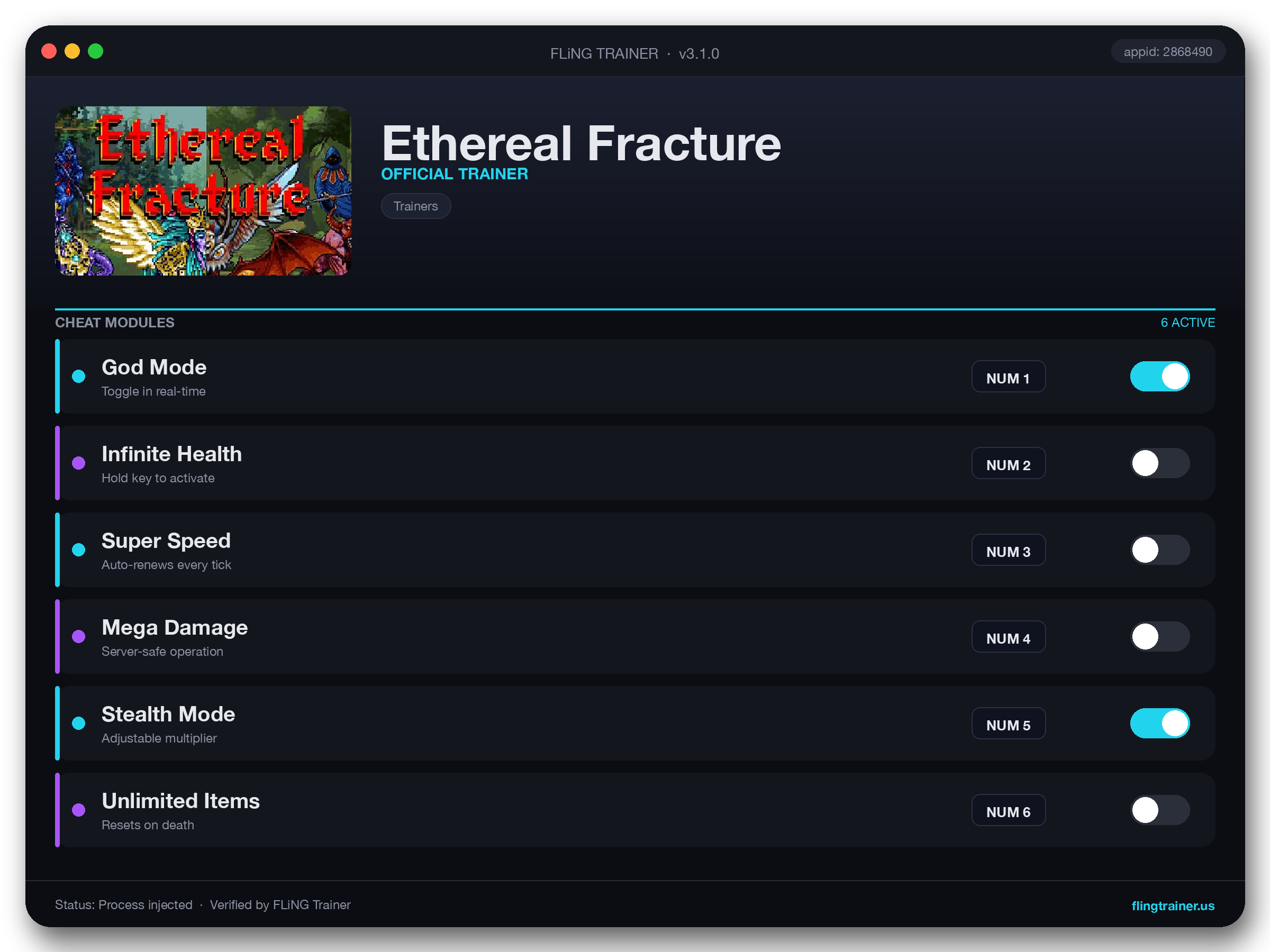Ethereal Fracture Trainer interface