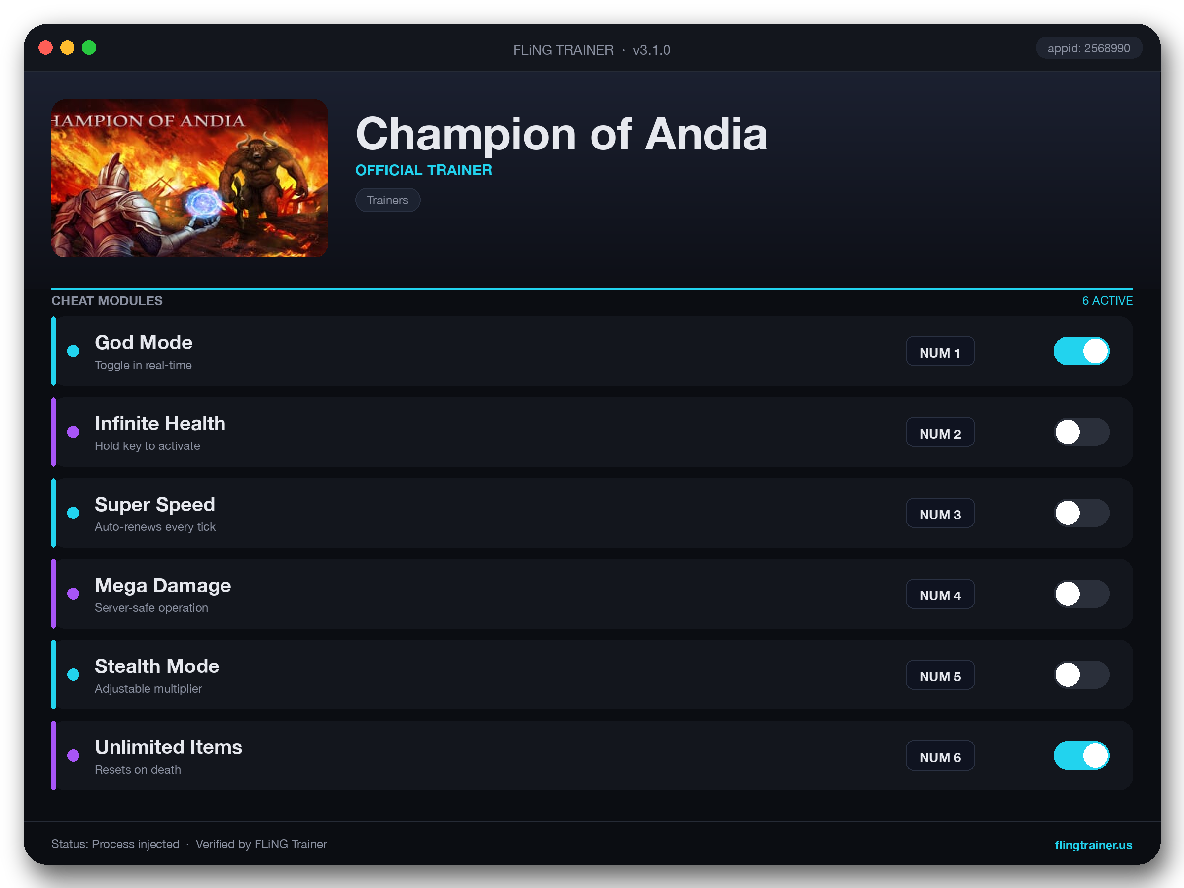 Champion of Andia Trainer interface
