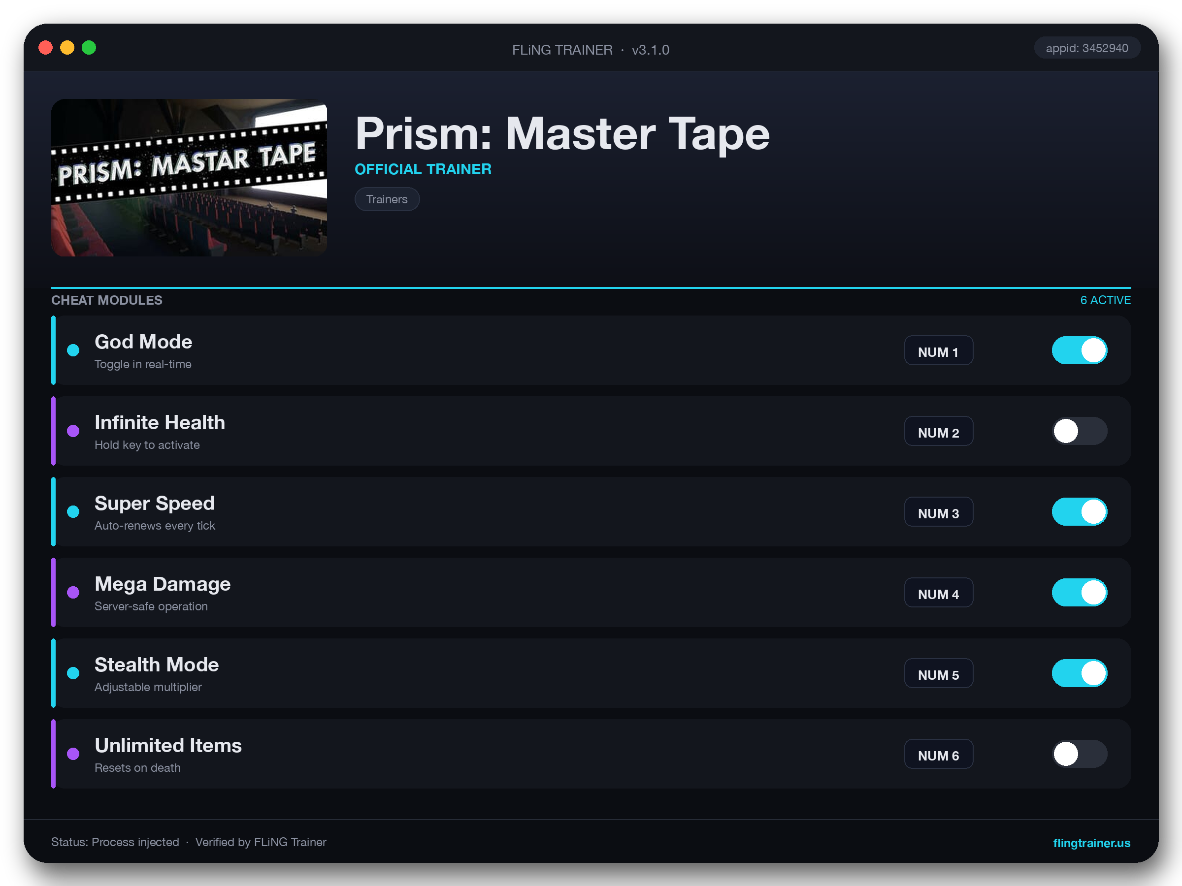 Prism: Master Tape Trainer interface