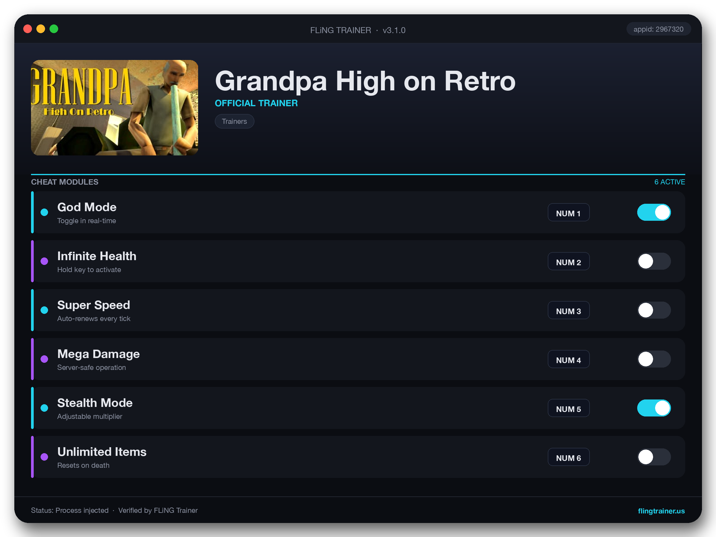 Grandpa High on Retro Trainer interface