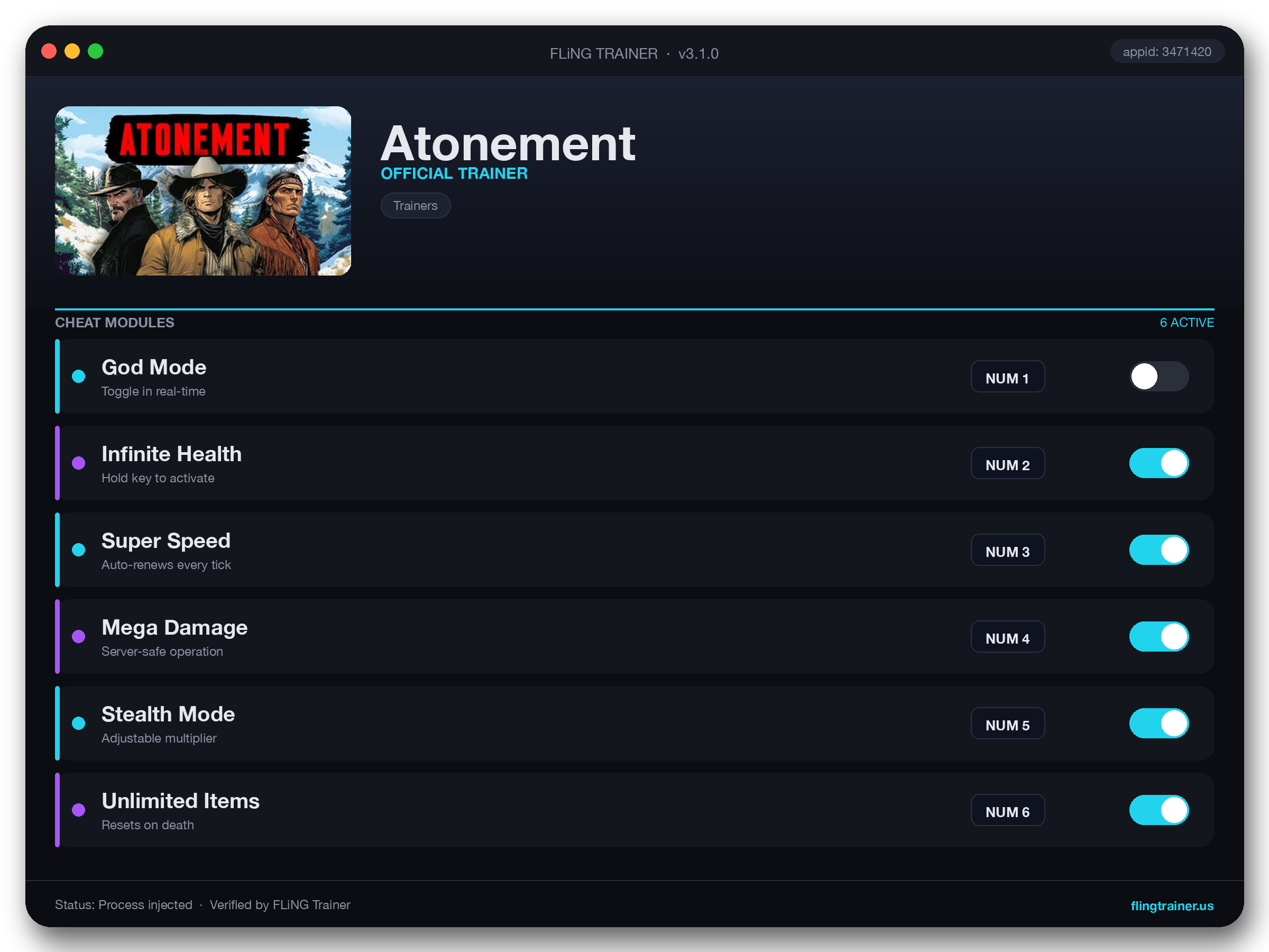 Atonement Trainer interface