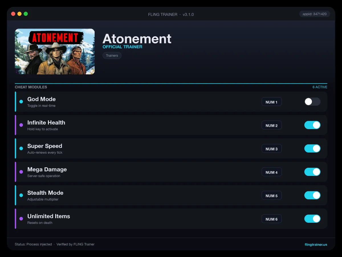 Atonement Trainer interface