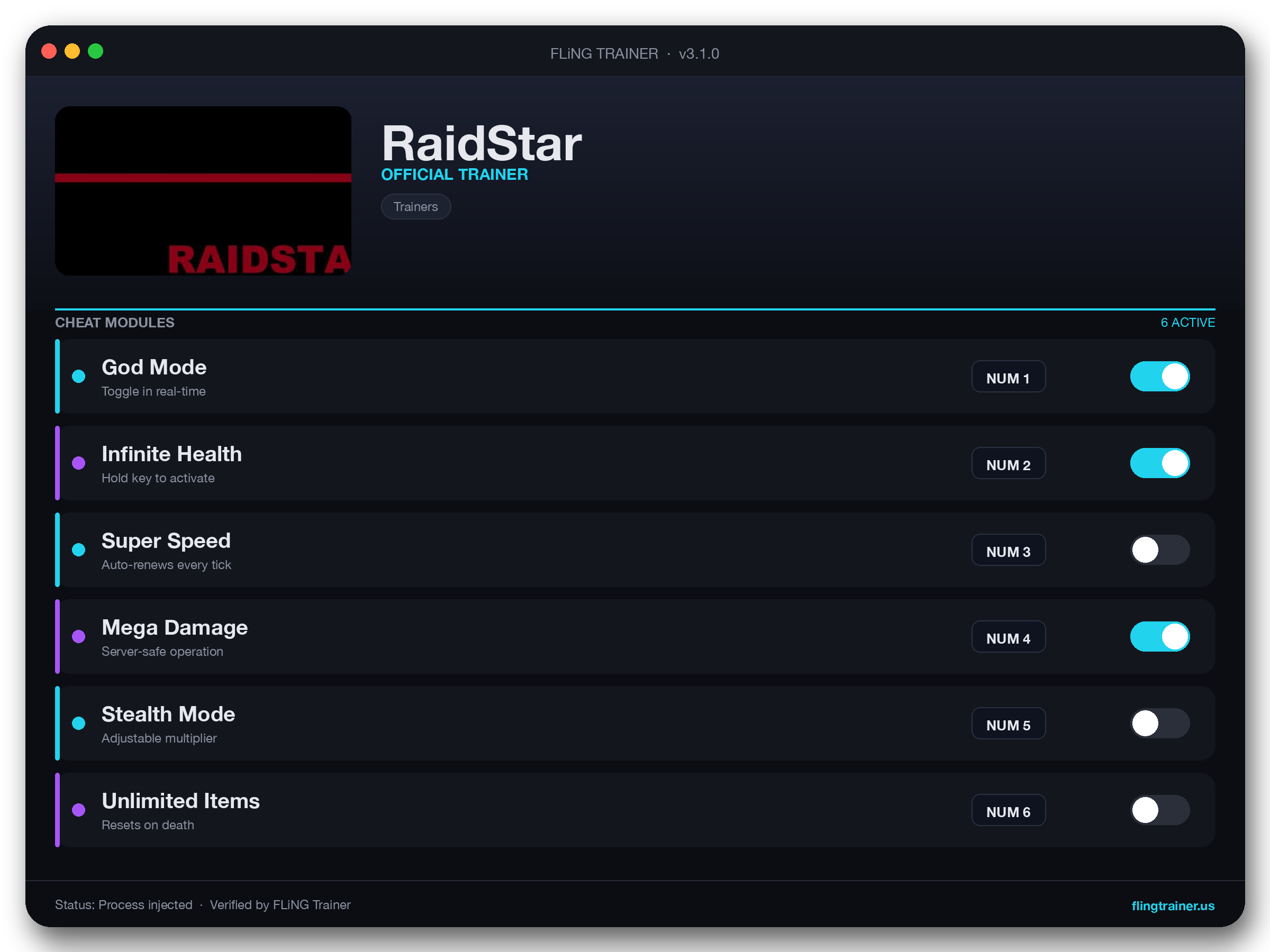 RaidStar Trainer interface