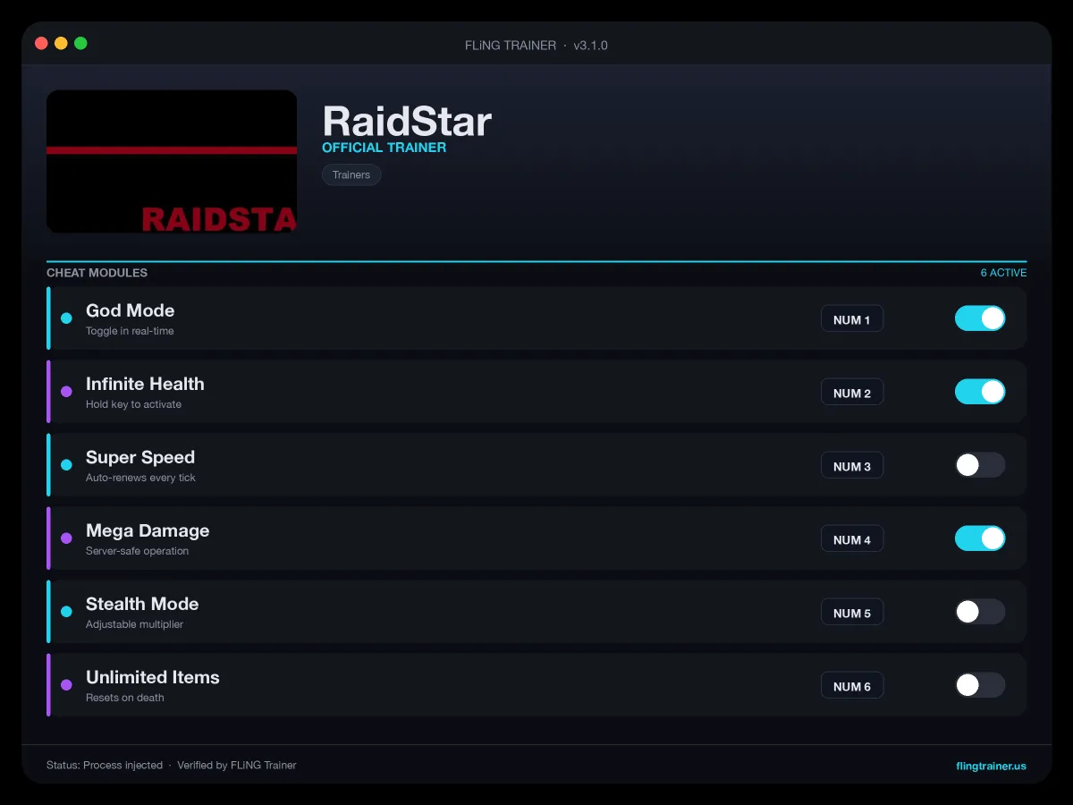 RaidStar Trainer interface