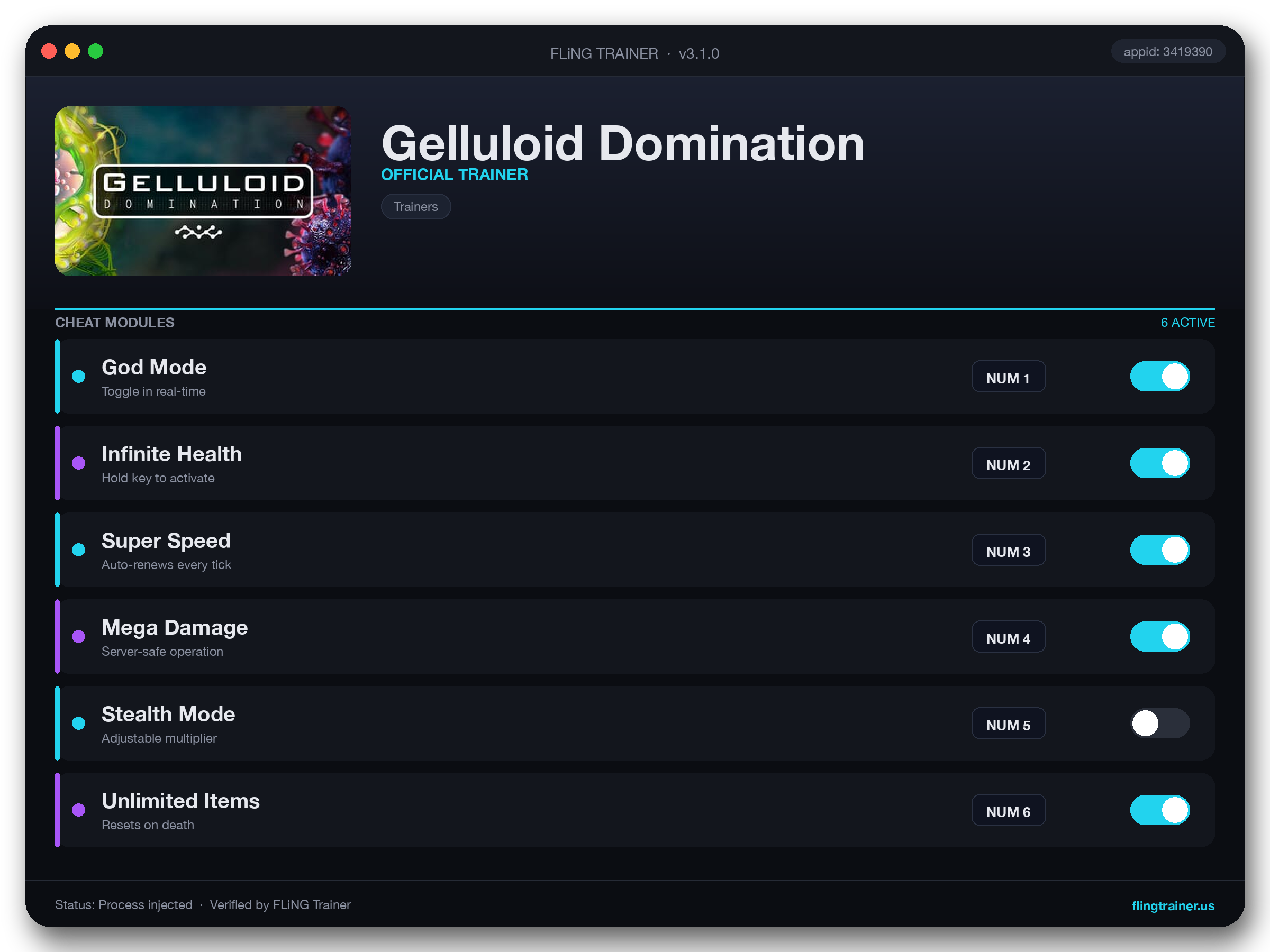 Gelluloid Domination Trainer interface