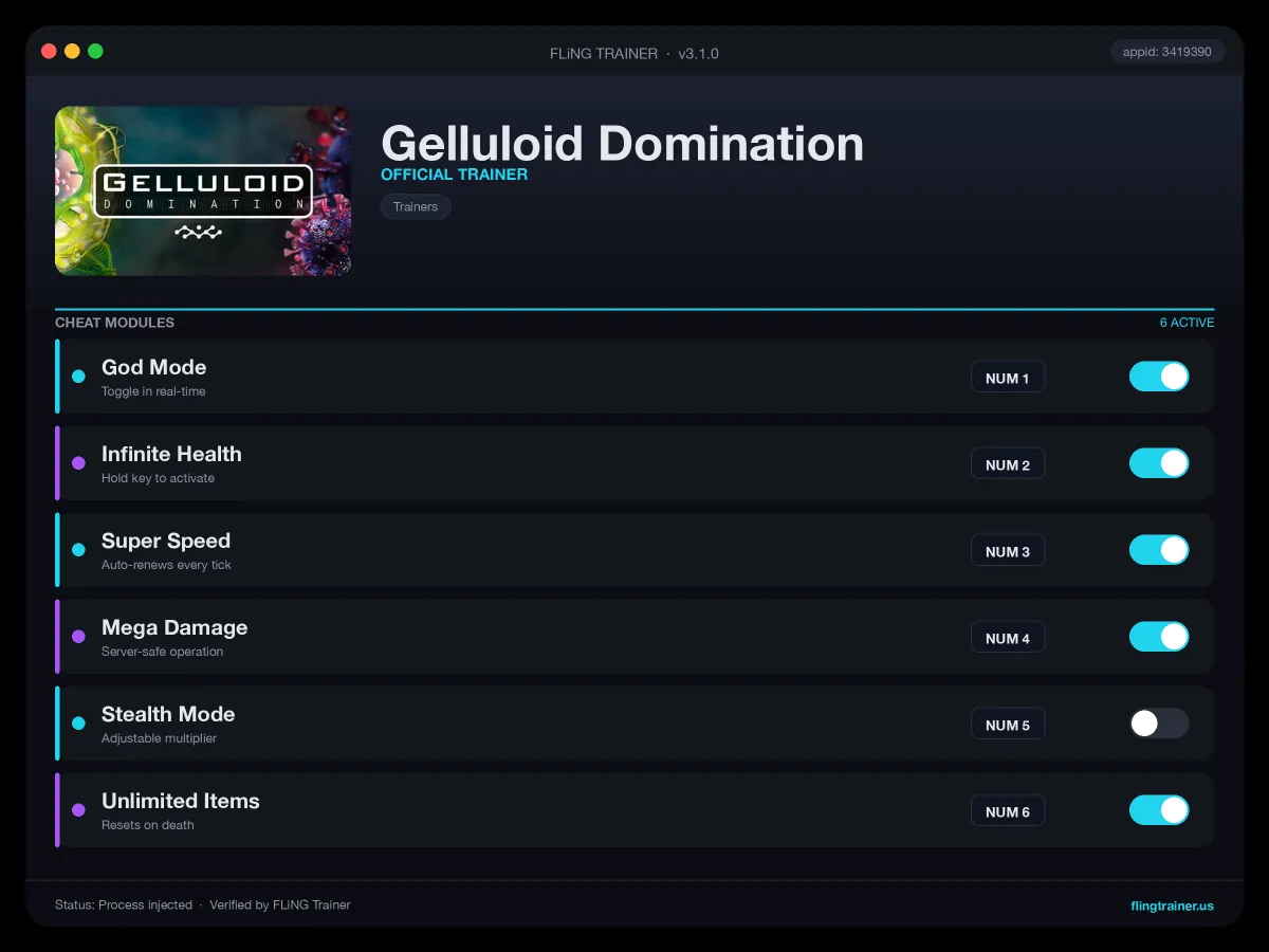 Gelluloid Domination Trainer interface
