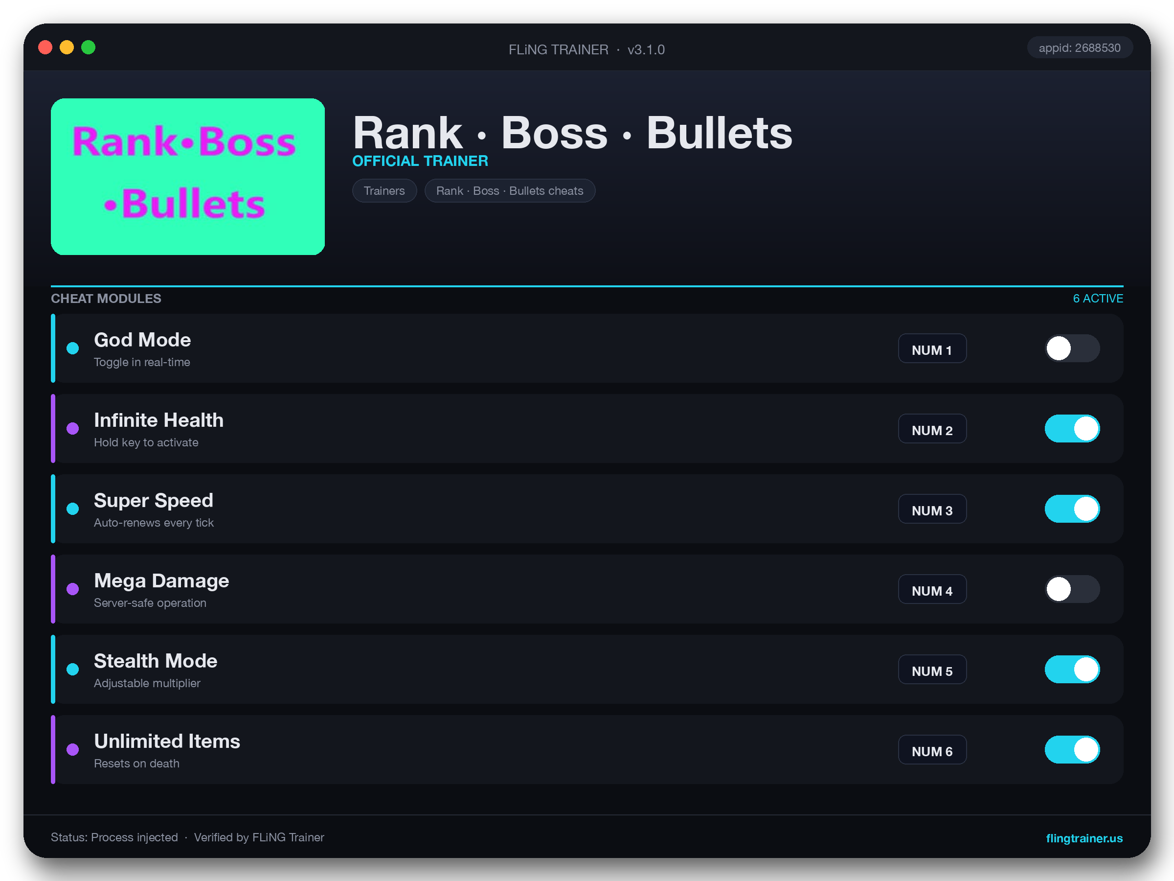 Rank · Boss · Bullets Trainer interface