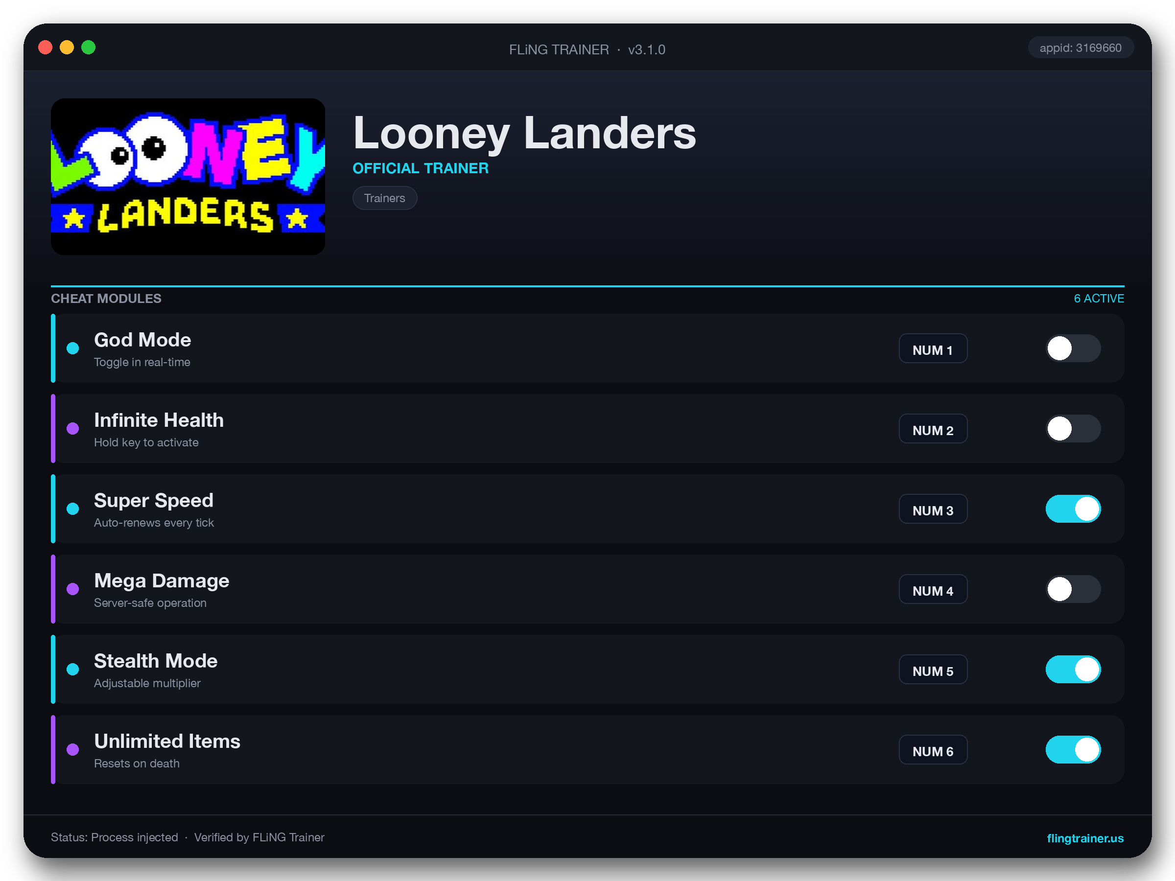 Looney Landers Trainer interface
