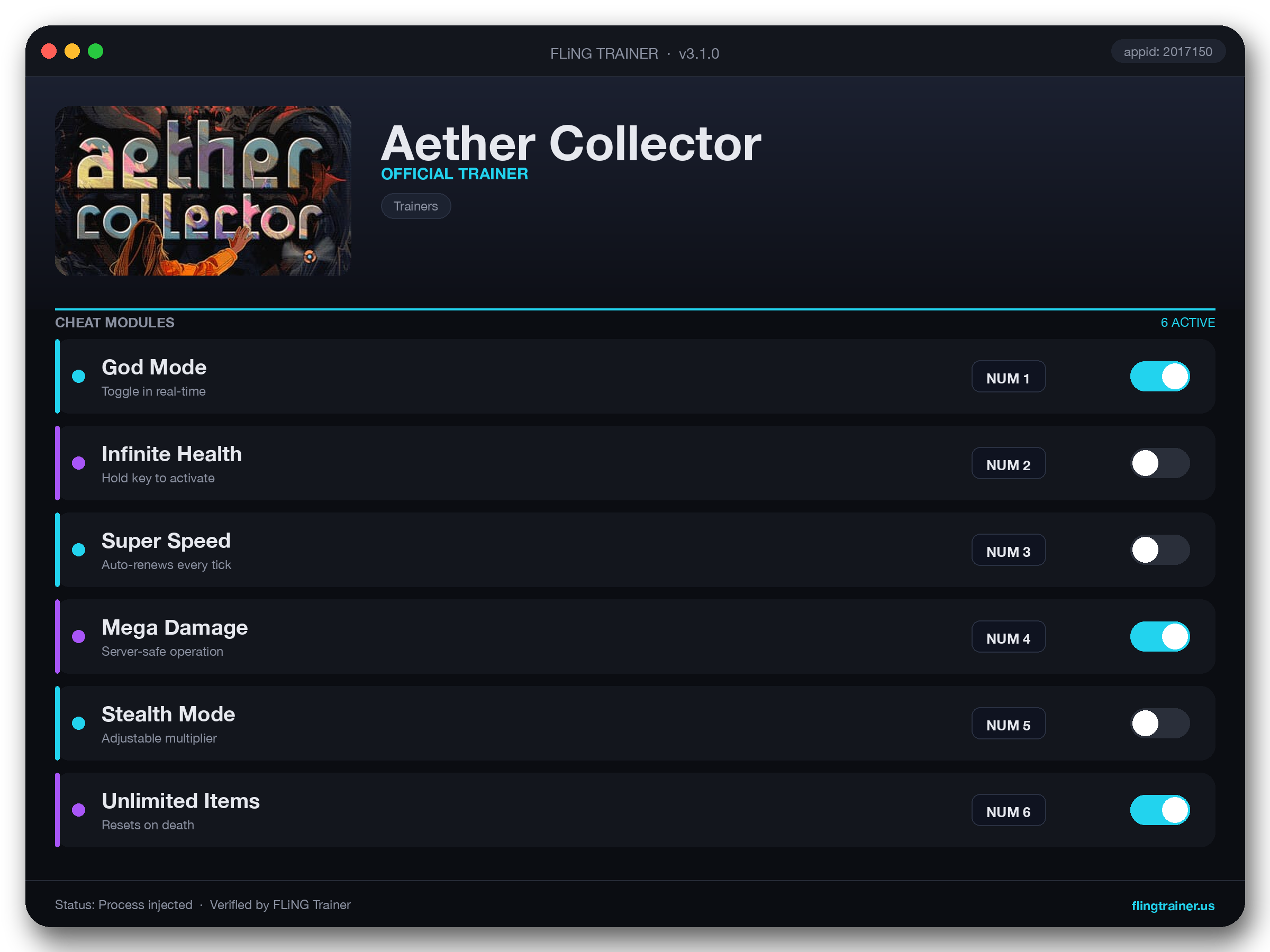 Aether Collector Trainer interface
