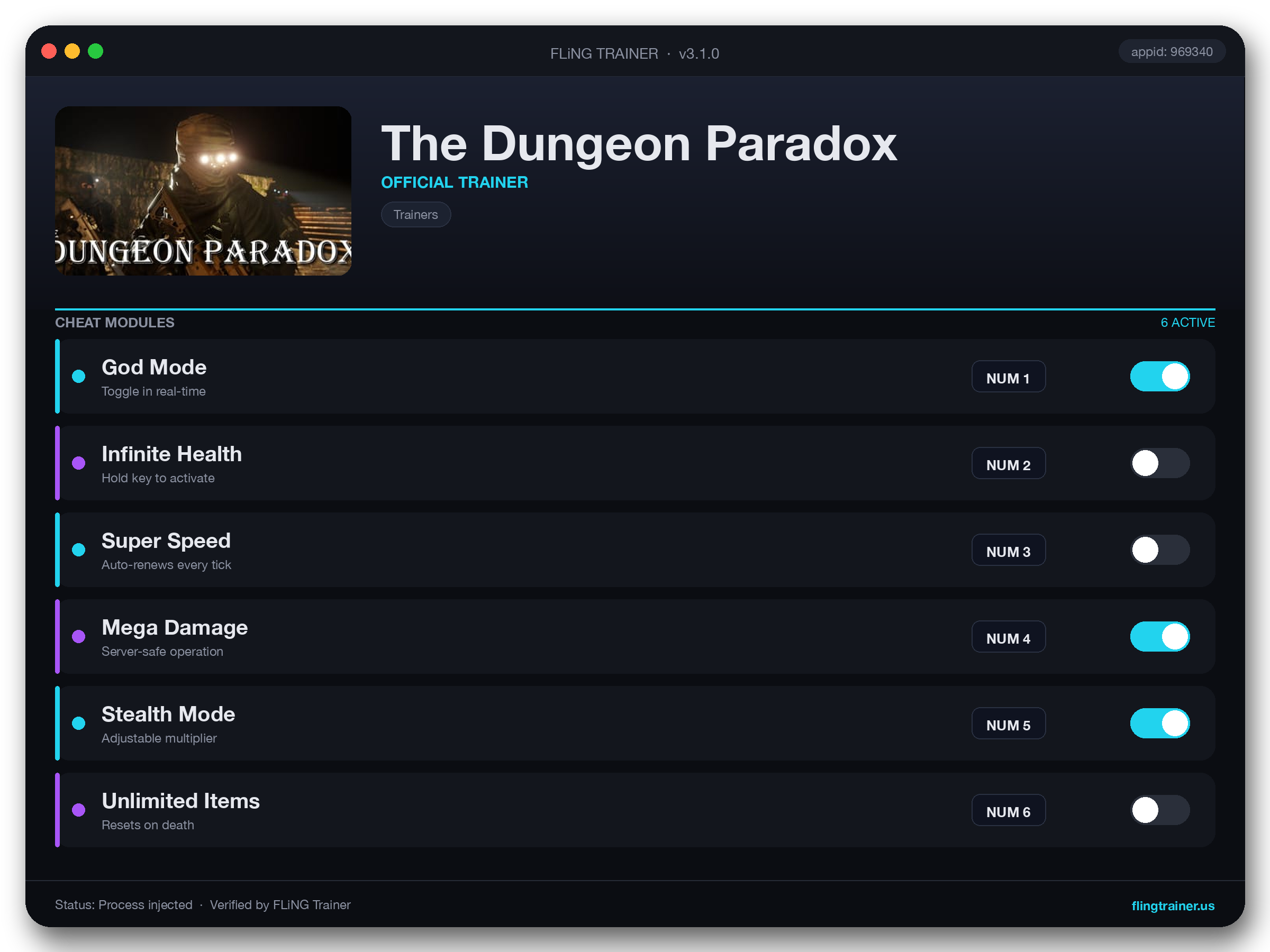 The Dungeon Paradox Trainer interface