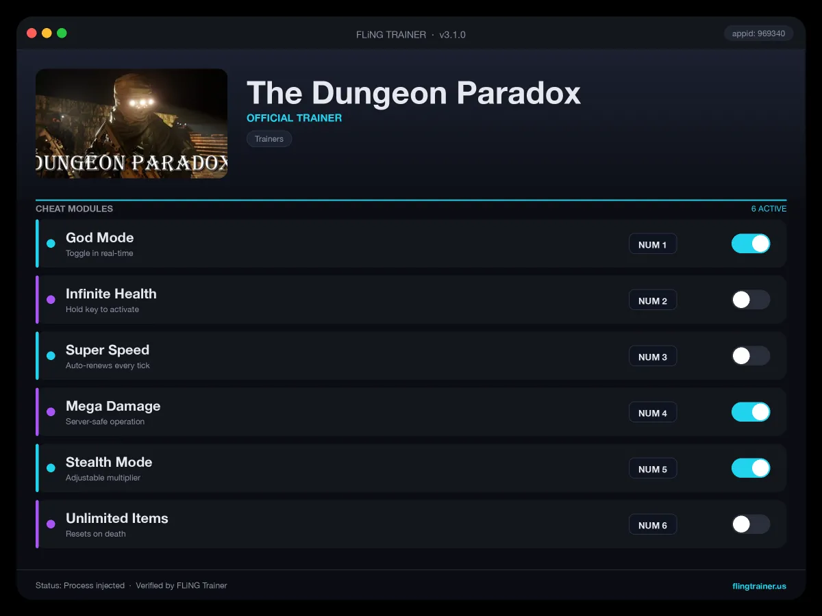 The Dungeon Paradox Trainer interface