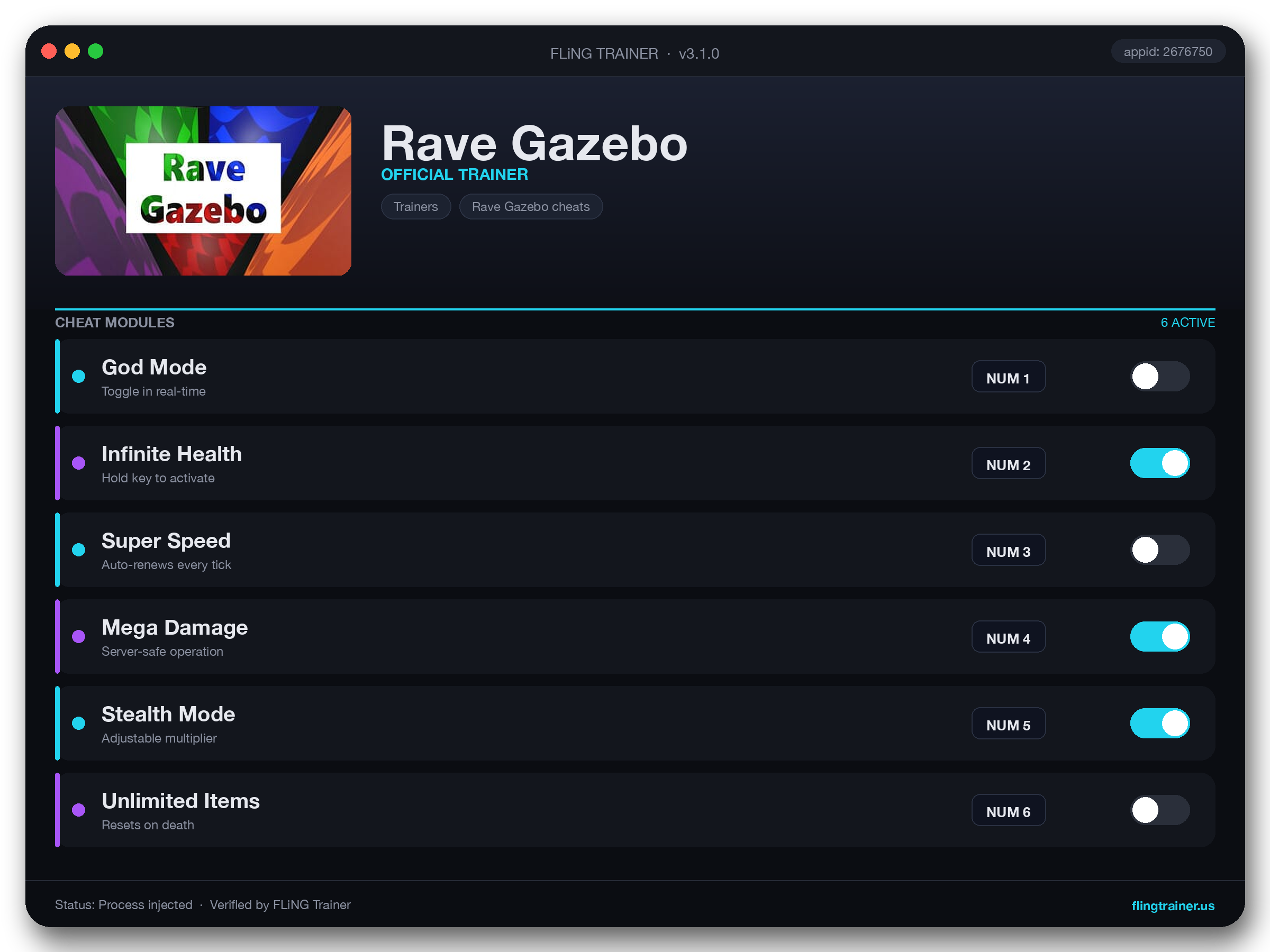 Rave Gazebo Trainer interface