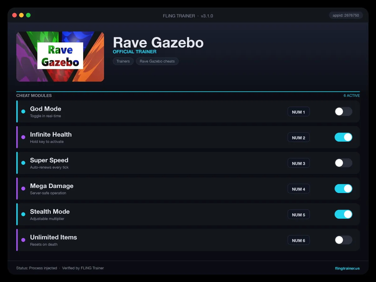 Rave Gazebo Trainer interface