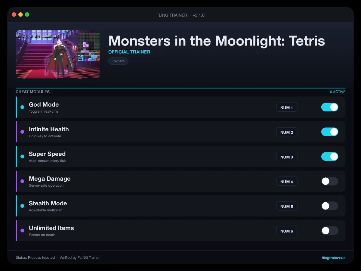 Monsters in the Moonlight: Tetris Trainer interface