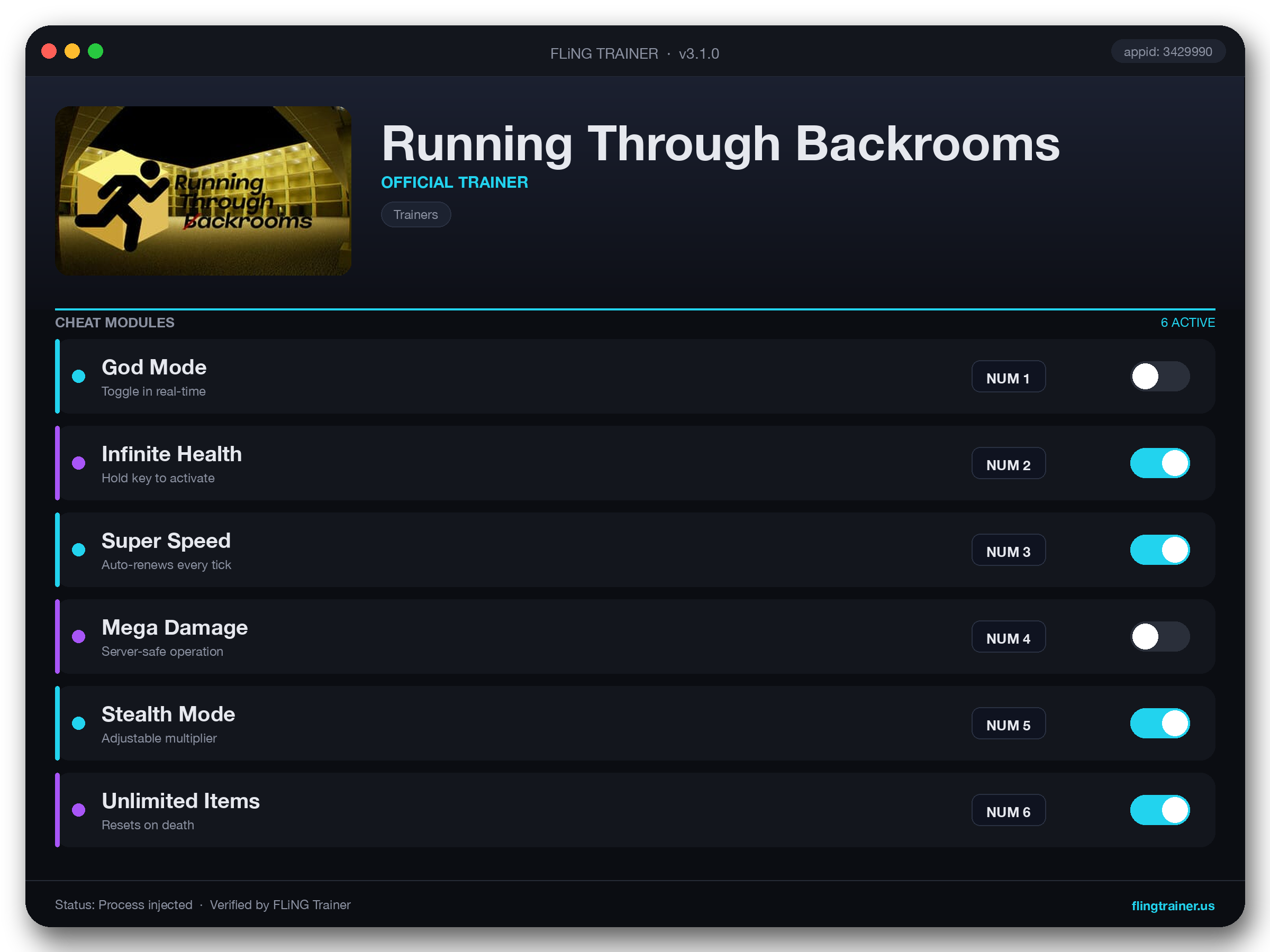 Running Through Backrooms Trainer interface