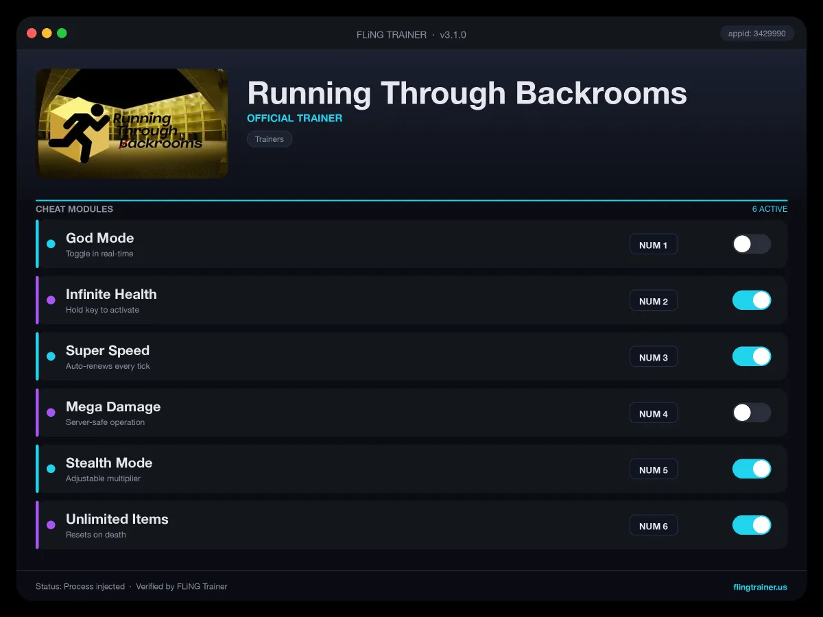 Running Through Backrooms Trainer interface