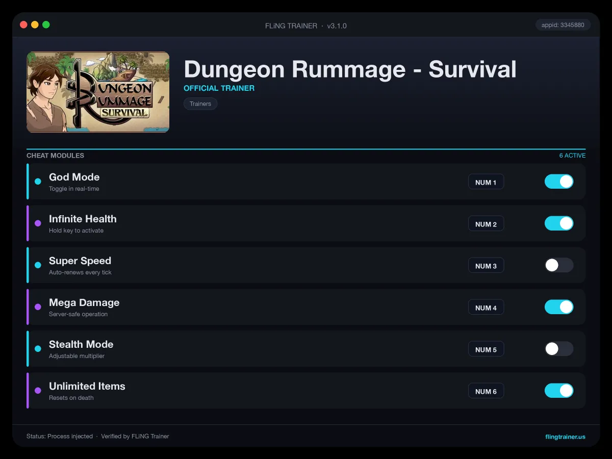 Dungeon Rummage - Survival Trainer interface