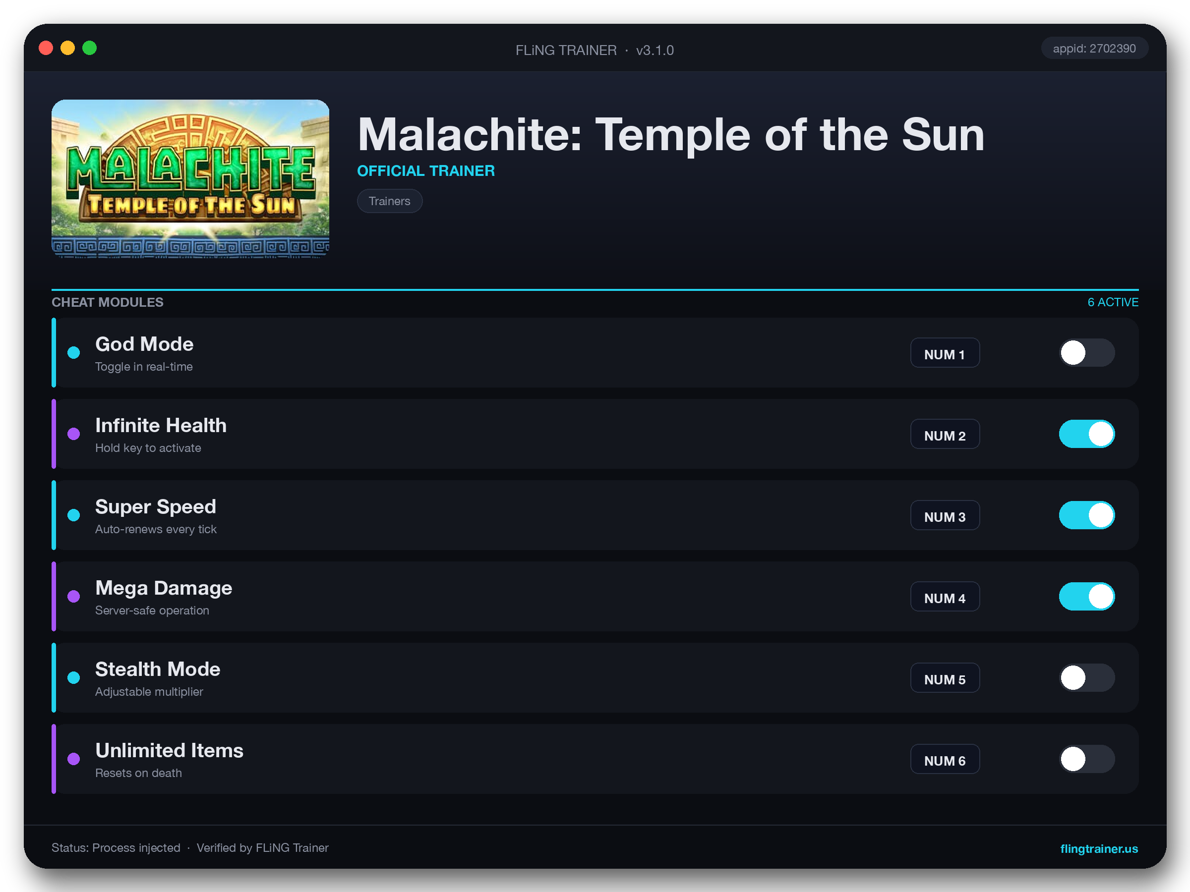 Malachite: Temple of the Sun Trainer interface