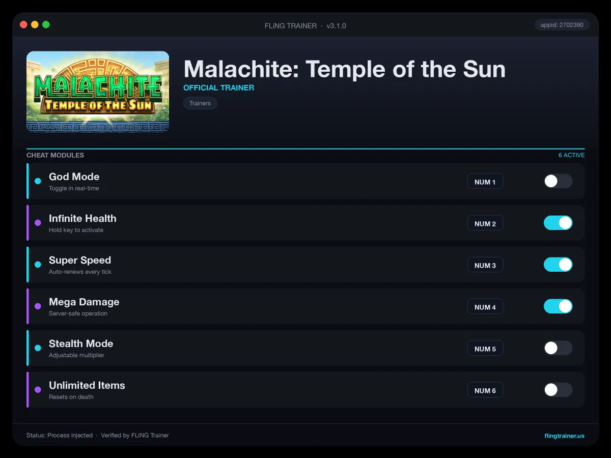 Malachite: Temple of the Sun Trainer interface