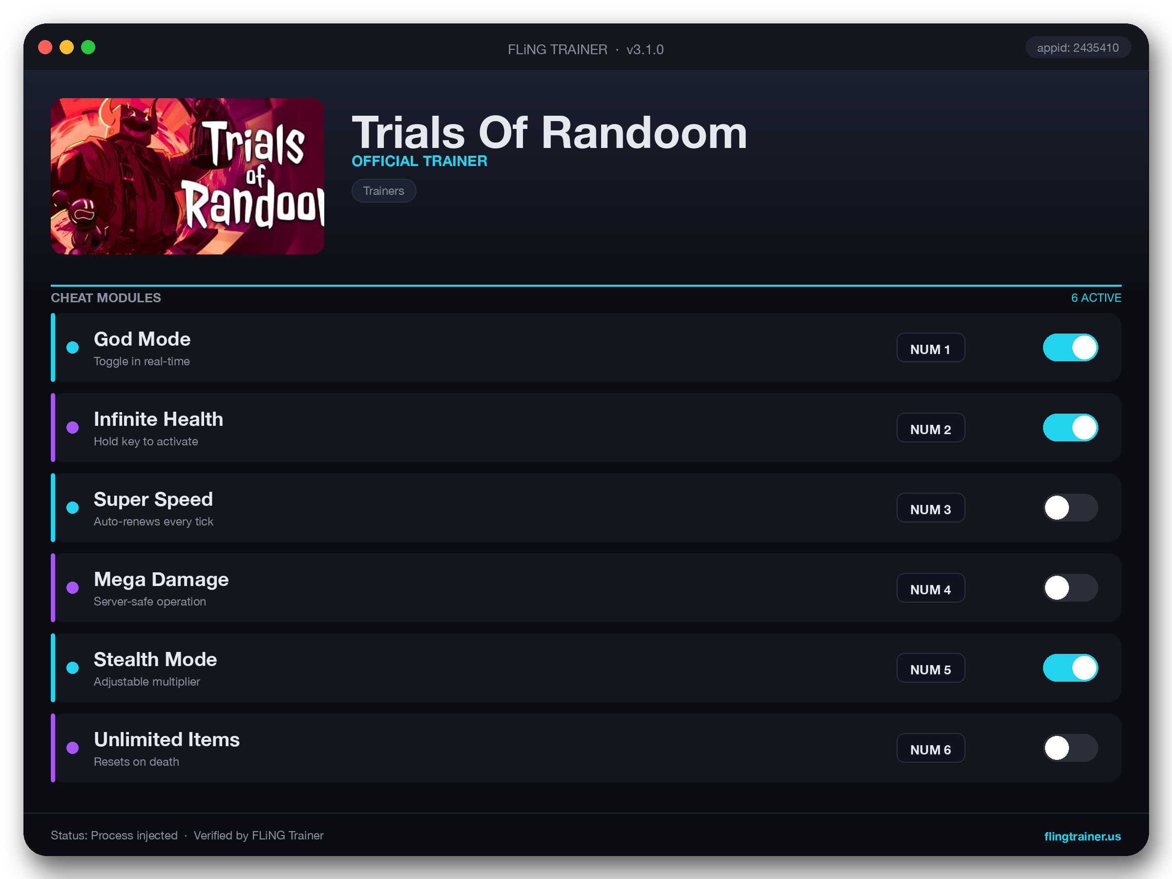 Trials Of Randoom Trainer interface