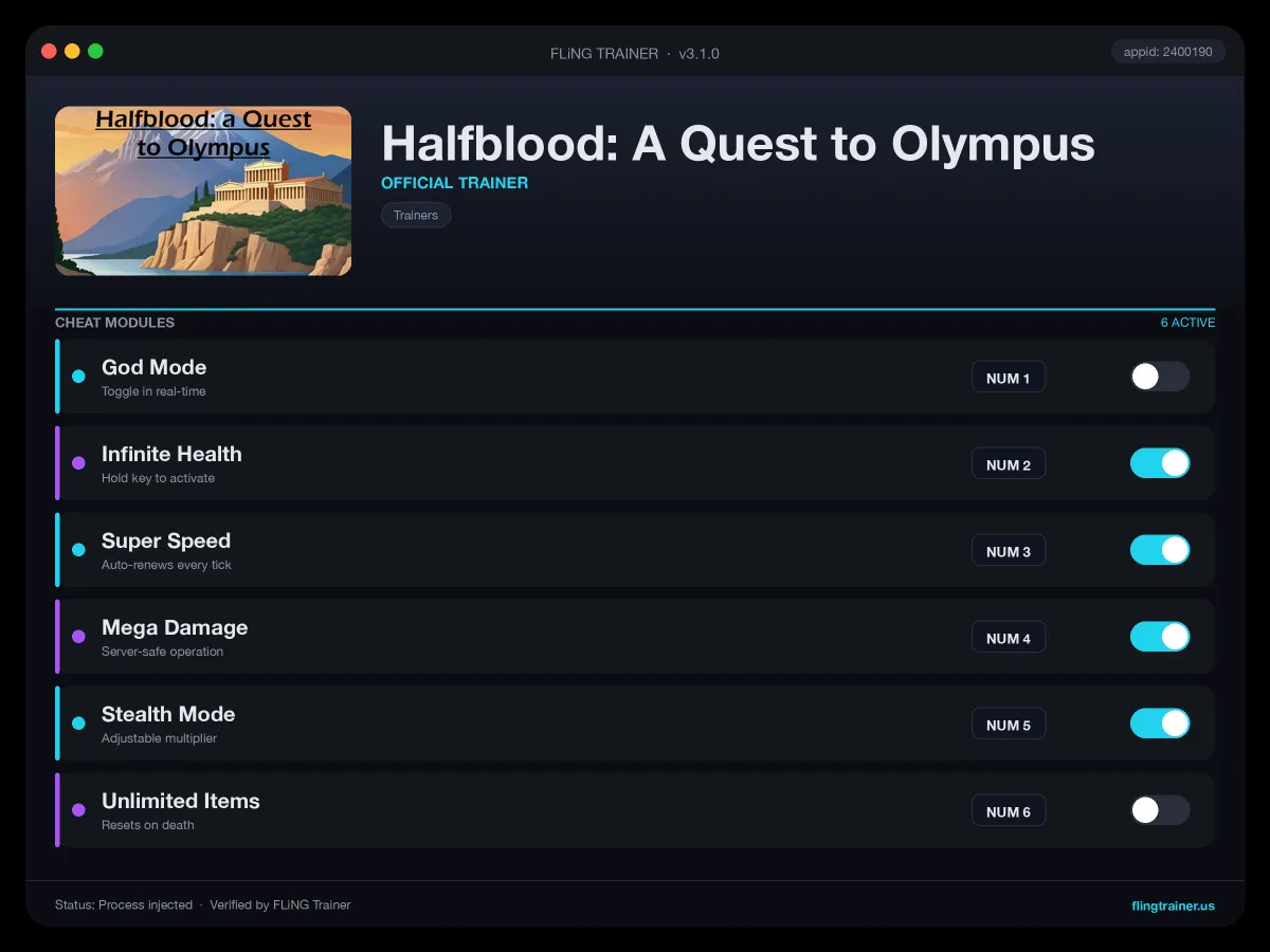 Halfblood: A Quest to Olympus Trainer interface