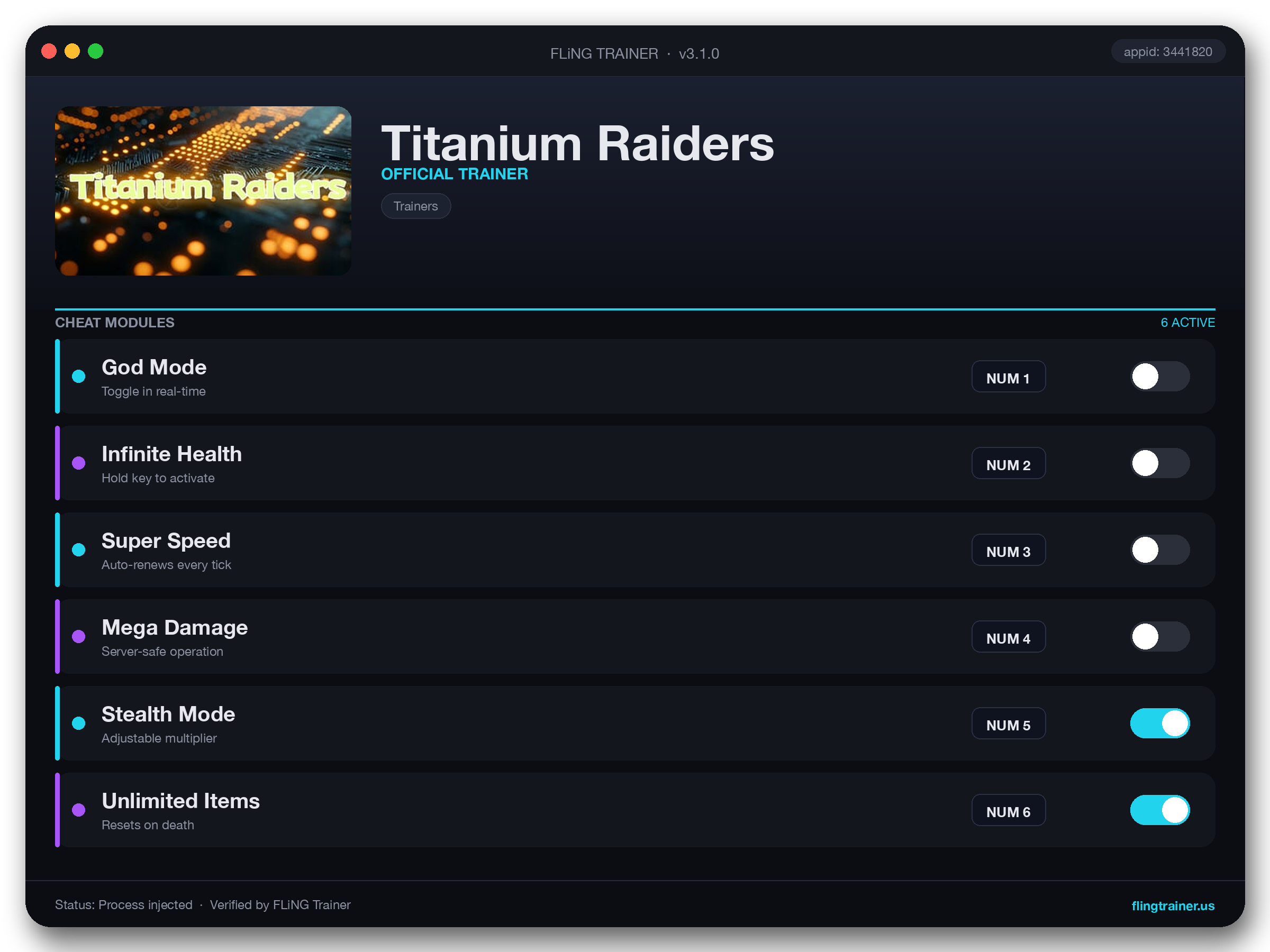 Titanium Raiders Trainer interface