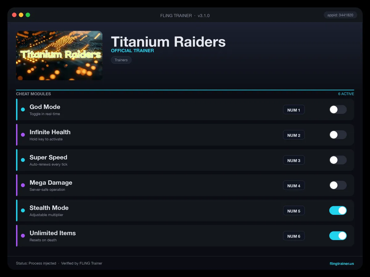 Titanium Raiders Trainer interface