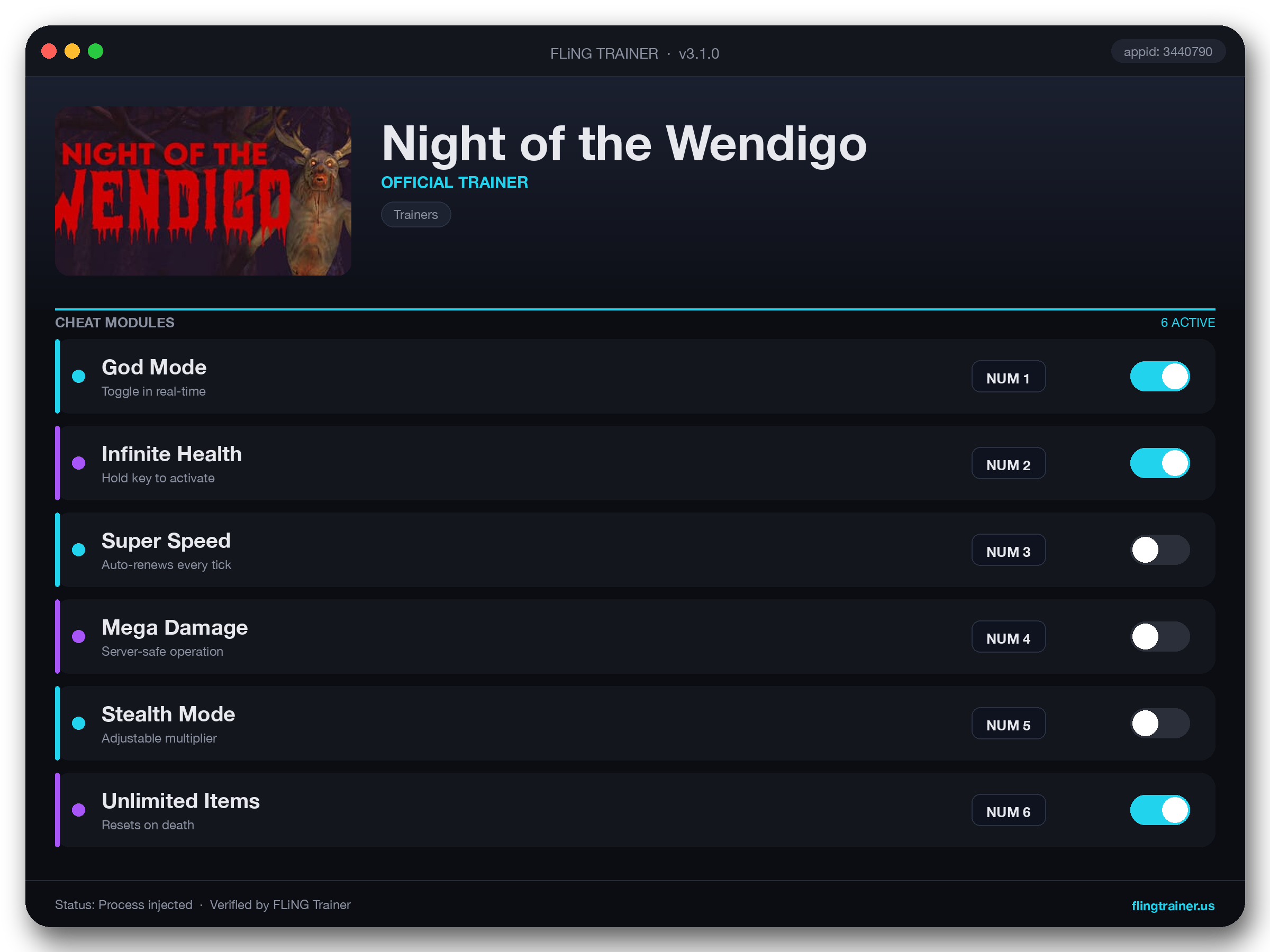 Night of the Wendigo Trainer interface