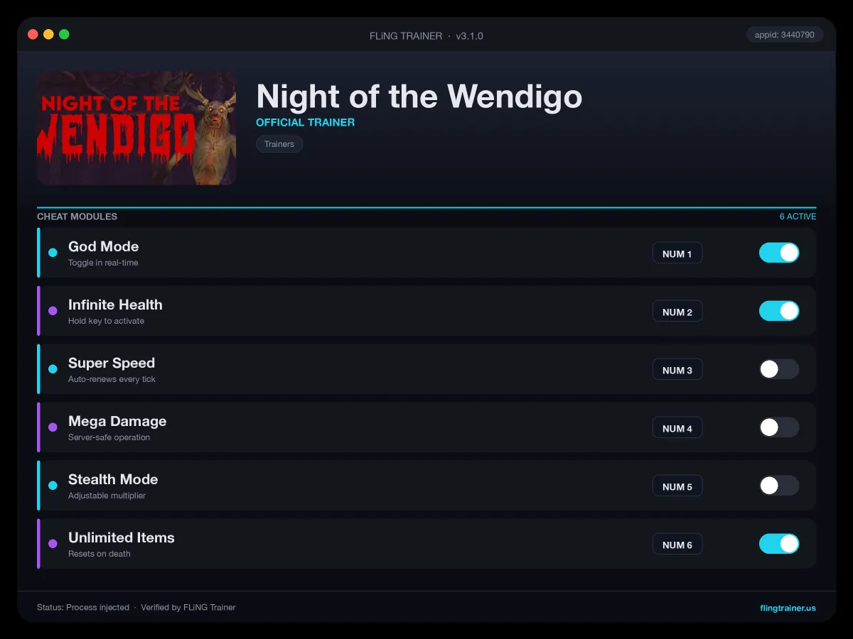 Night of the Wendigo Trainer interface