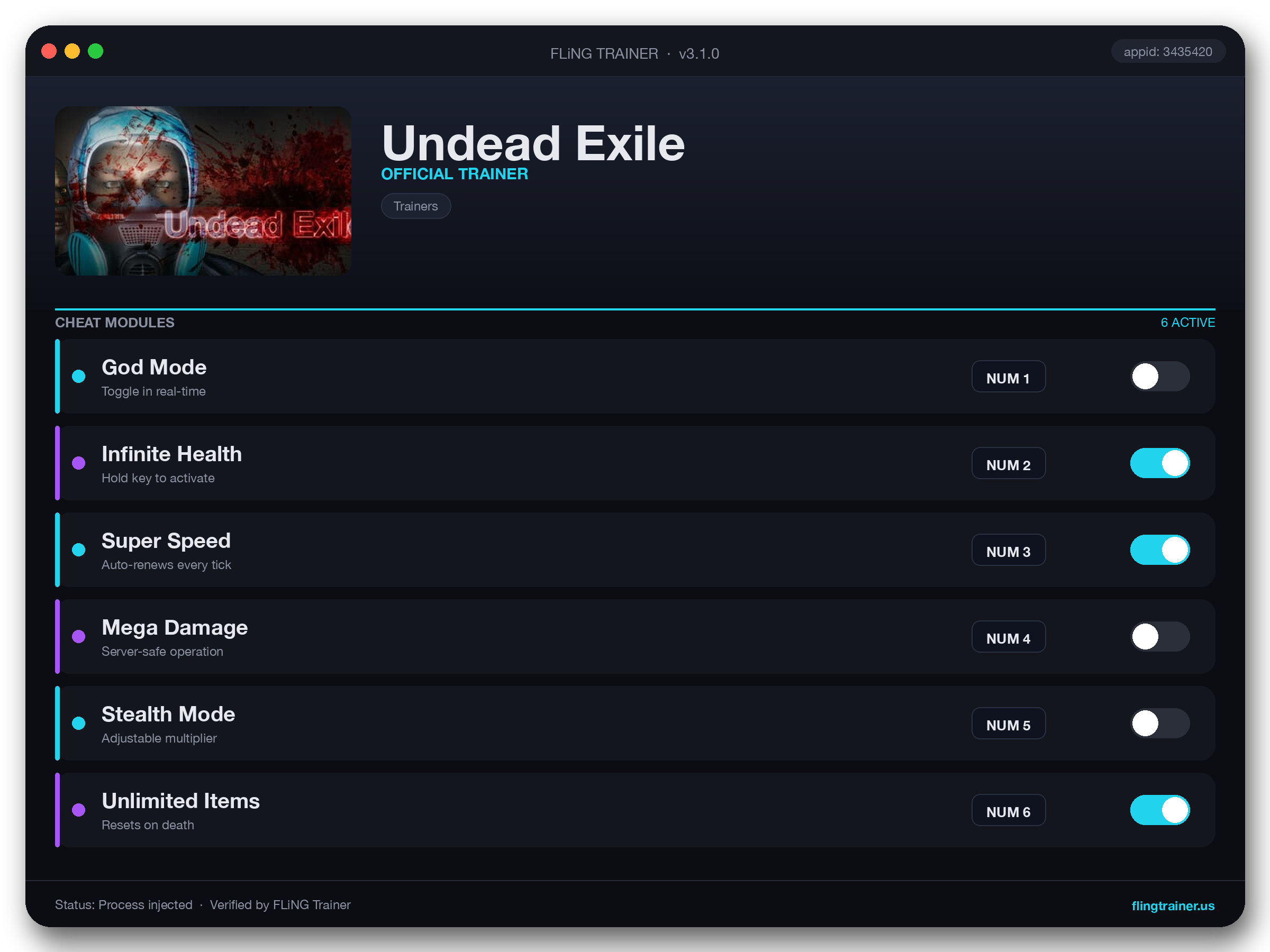 Undead Exile Trainer interface