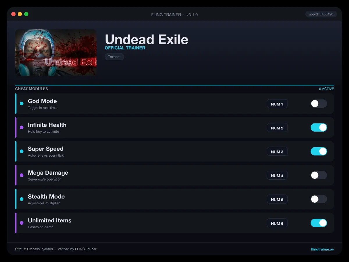 Undead Exile Trainer interface