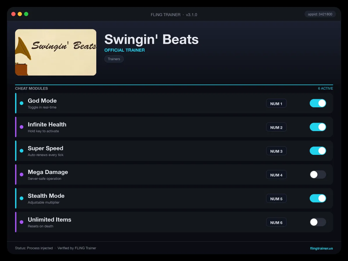 Swingin' Beats Trainer interface