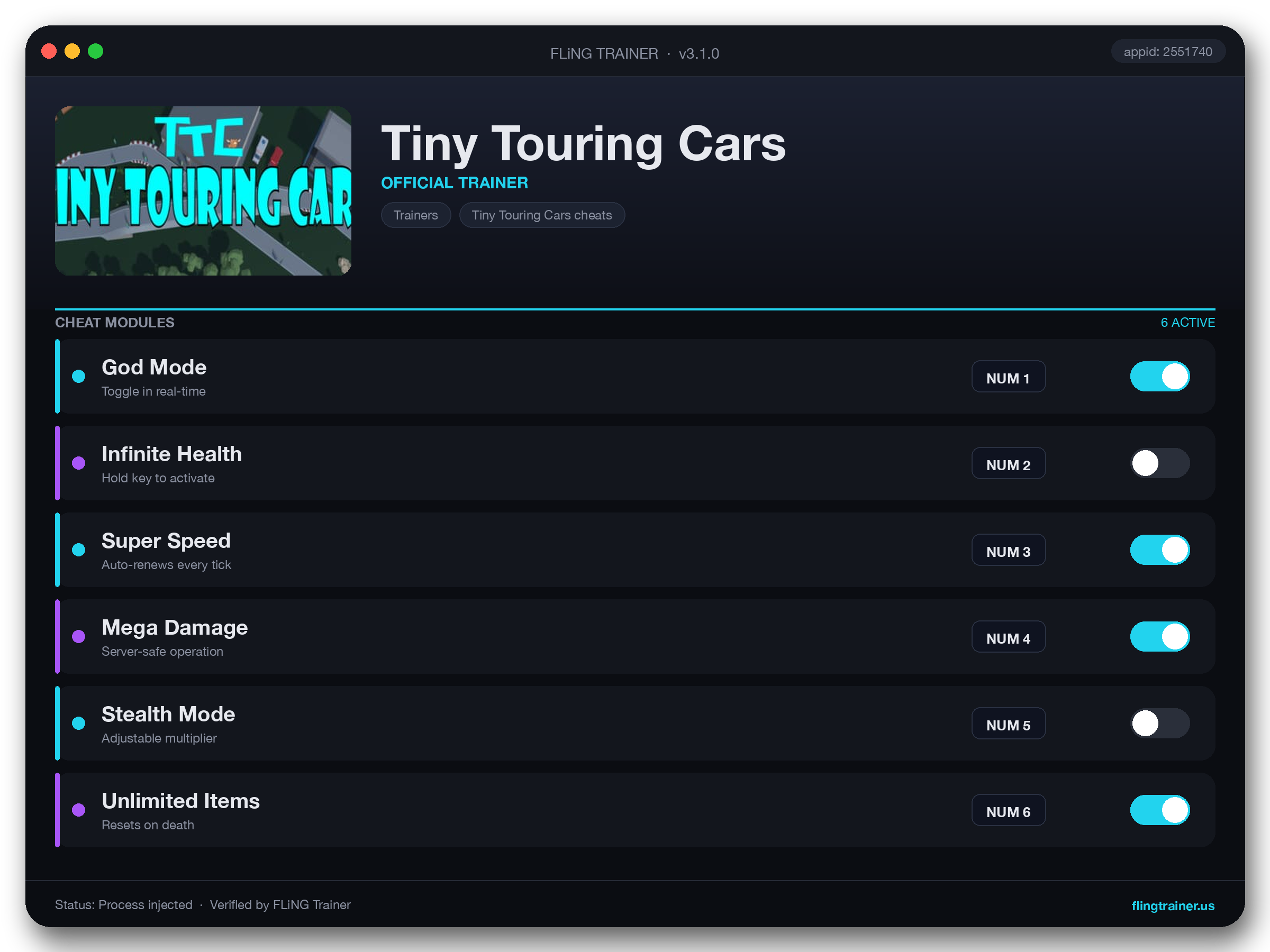 Tiny Touring Cars Trainer interface