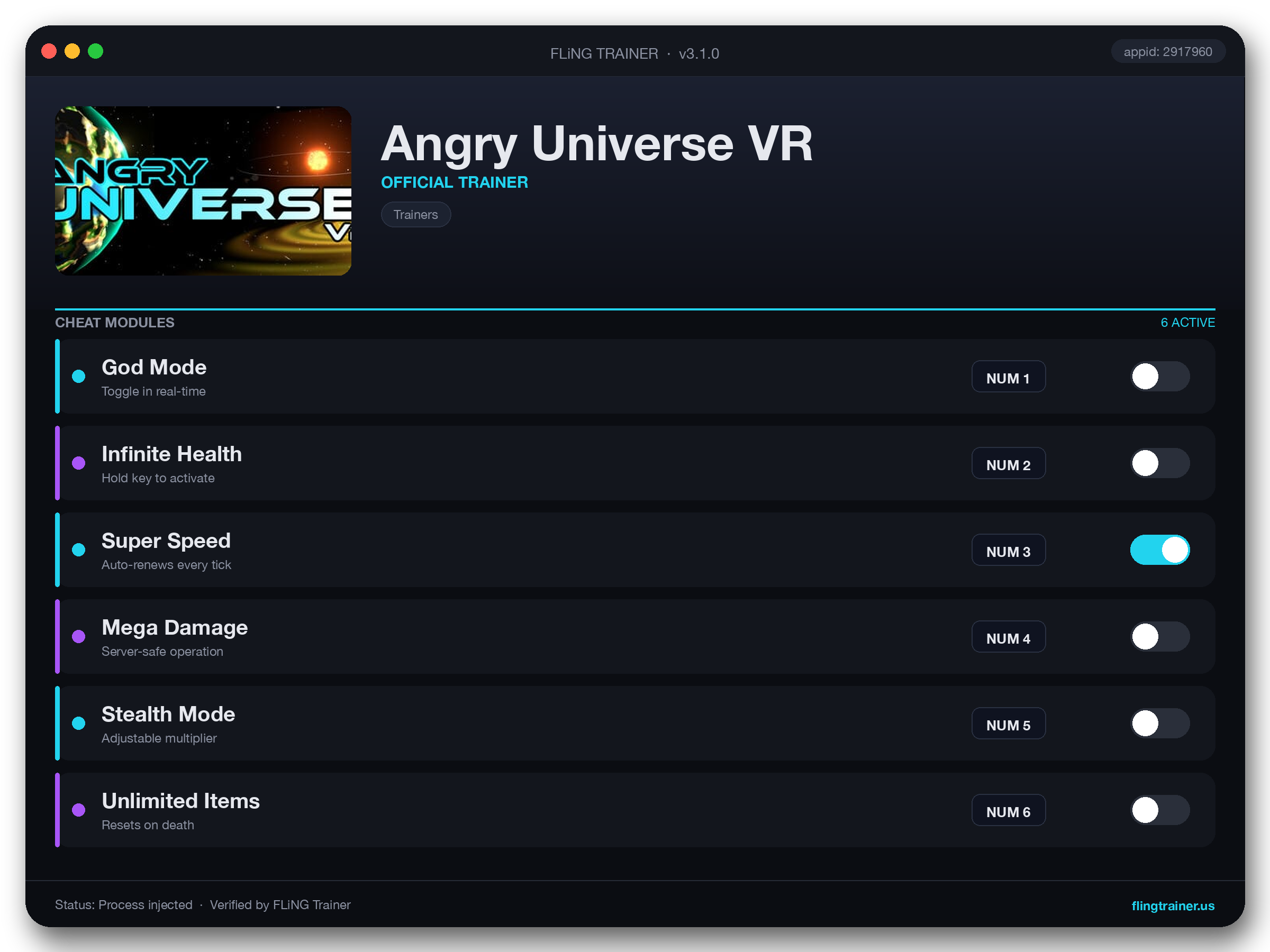 Angry Universe VR Trainer interface