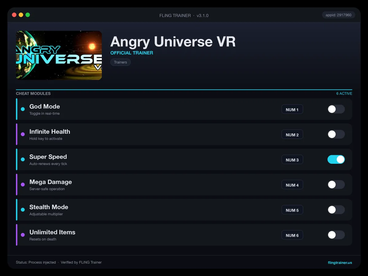 Angry Universe VR Trainer interface