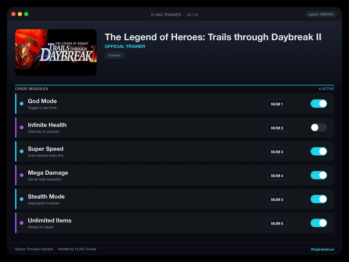 The Legend of Heroes: Trails through Daybreak II Trainer interface