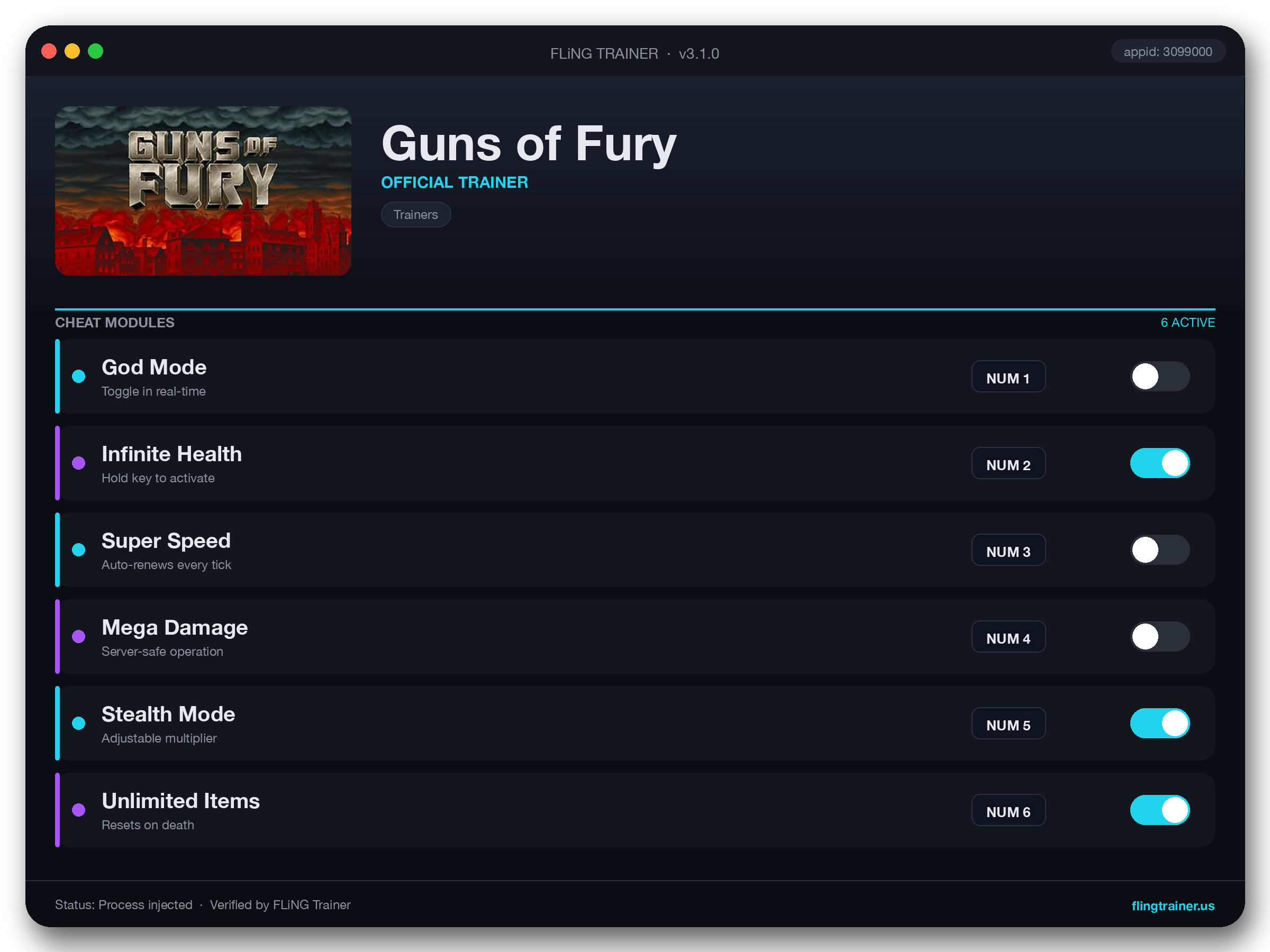 Guns of Fury Trainer interface