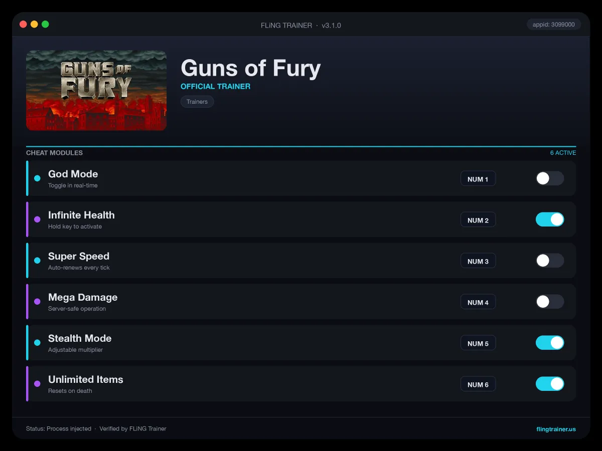 Guns of Fury Trainer interface