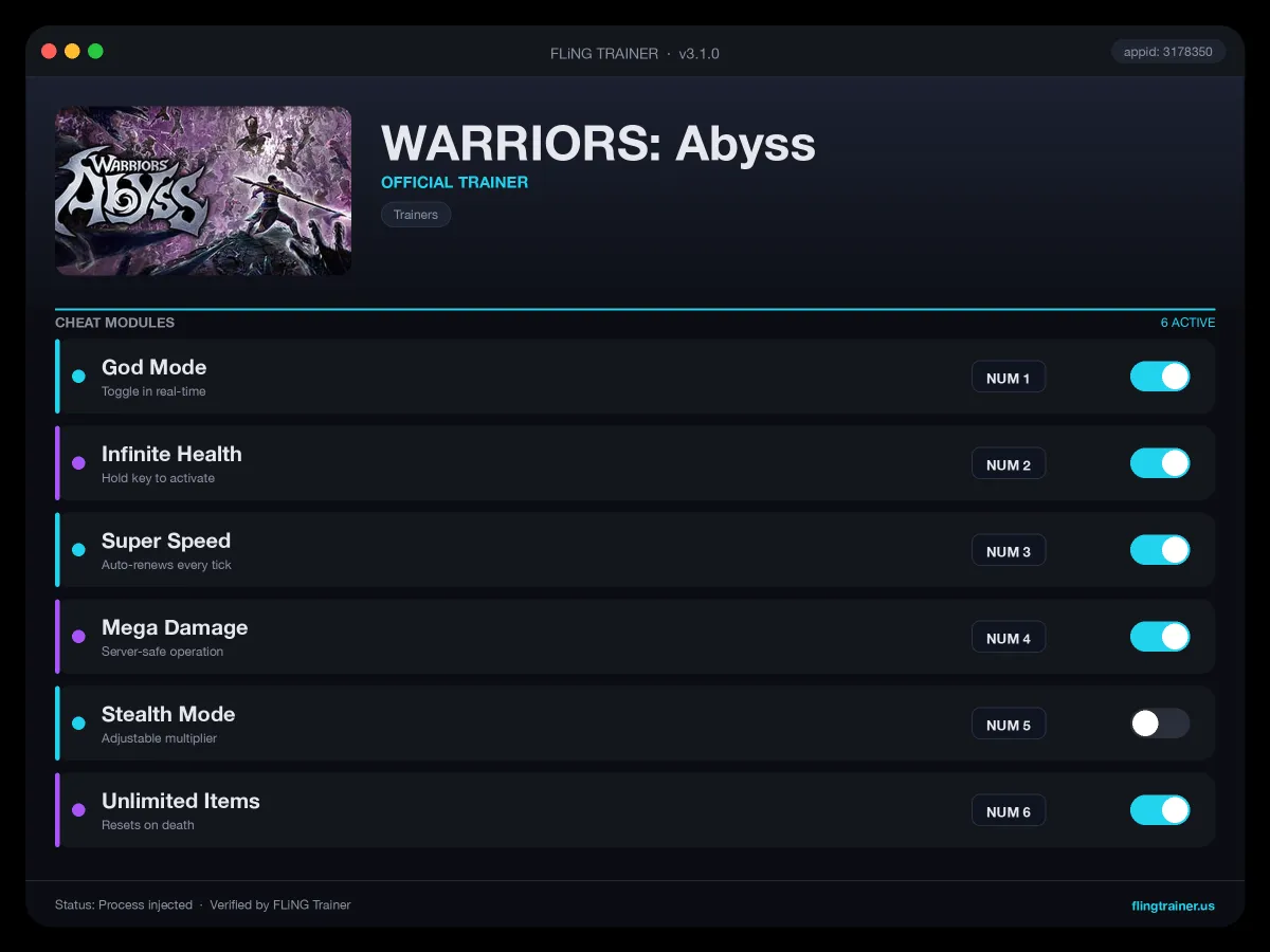 WARRIORS: Abyss Trainer interface