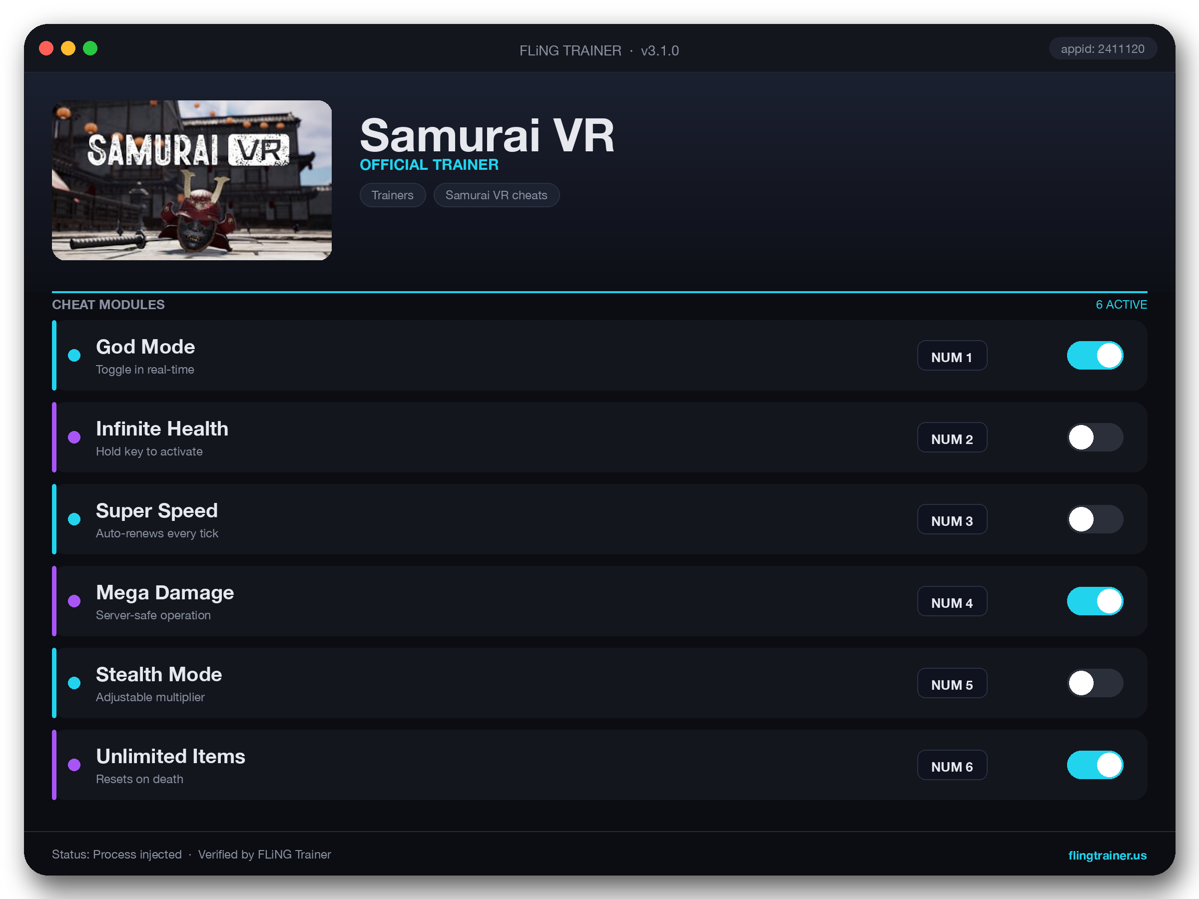 Samurai VR Trainer interface