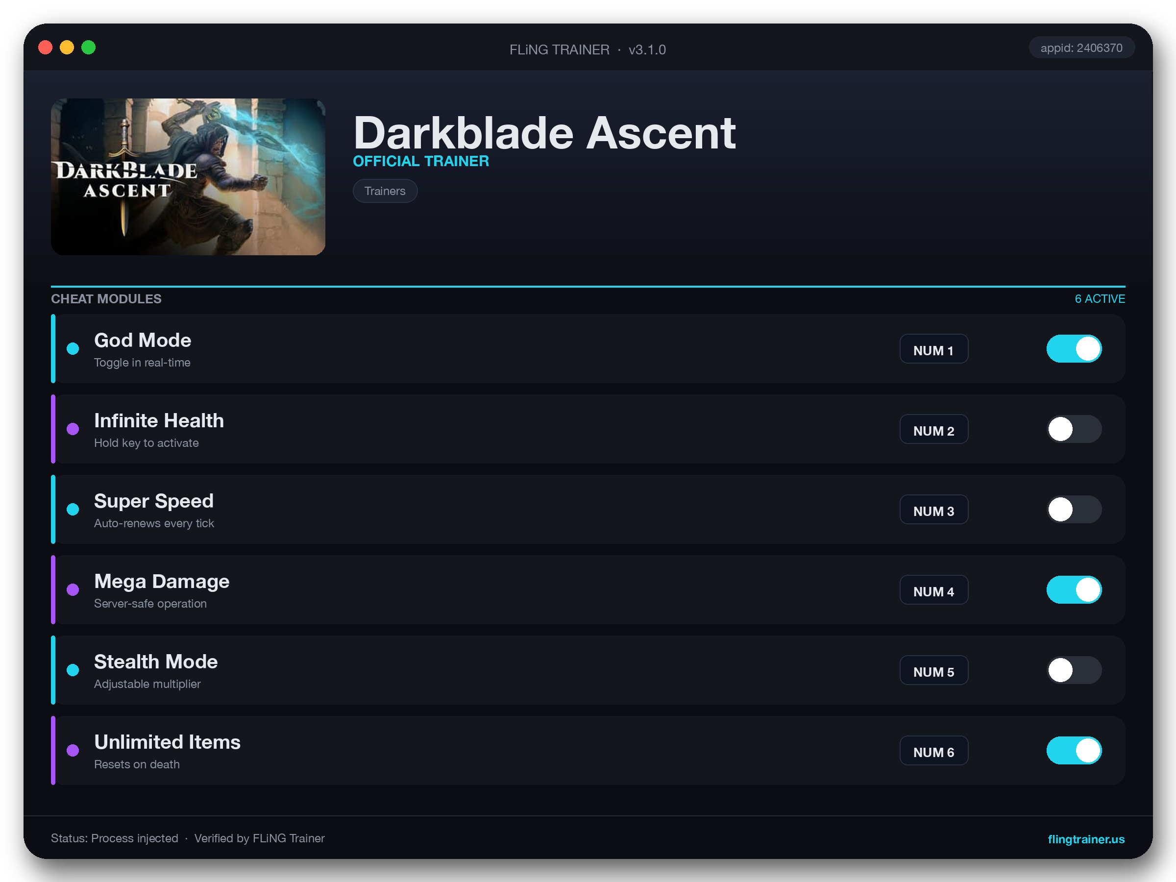 Darkblade Ascent Trainer interface