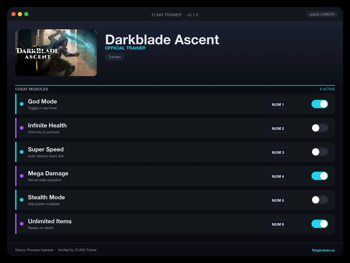 Darkblade Ascent Trainer interface