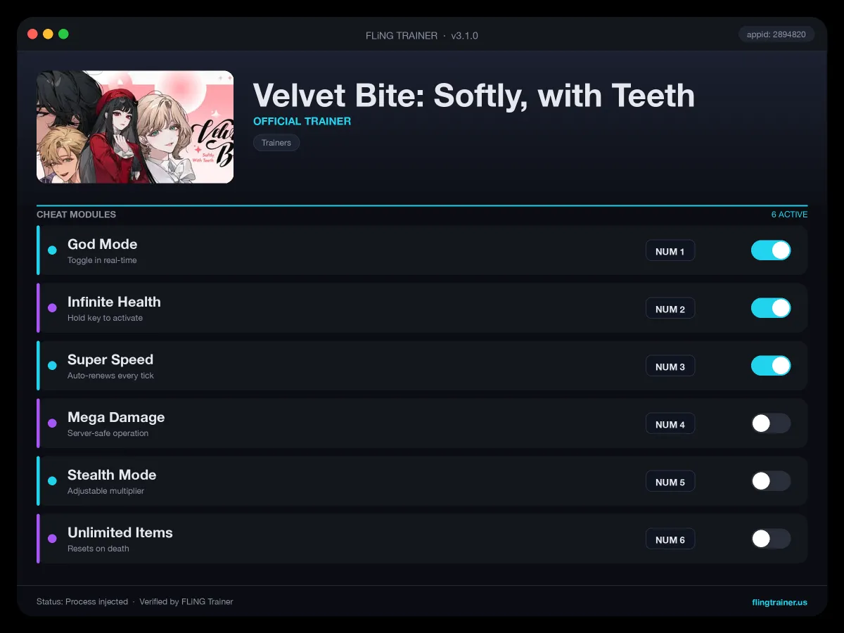 Velvet Bite: Softly, with Teeth Trainer interface