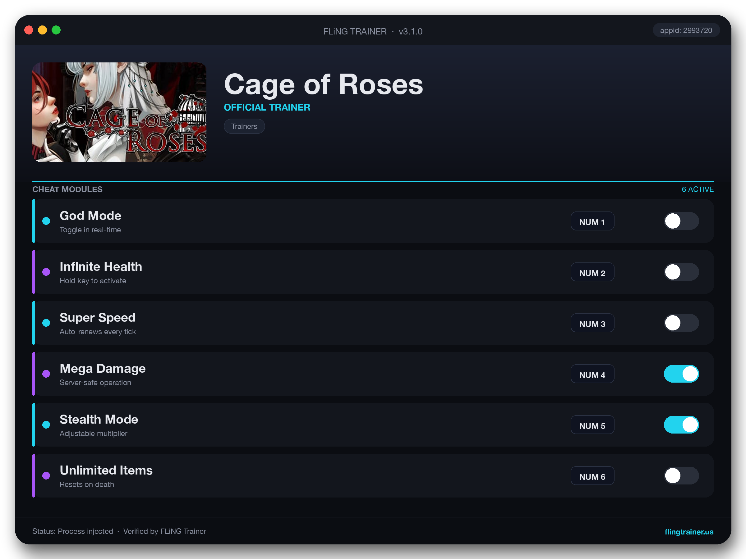 Cage of Roses Trainer interface