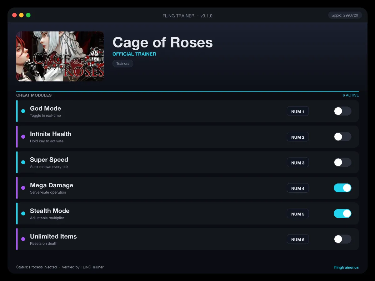 Cage of Roses Trainer interface